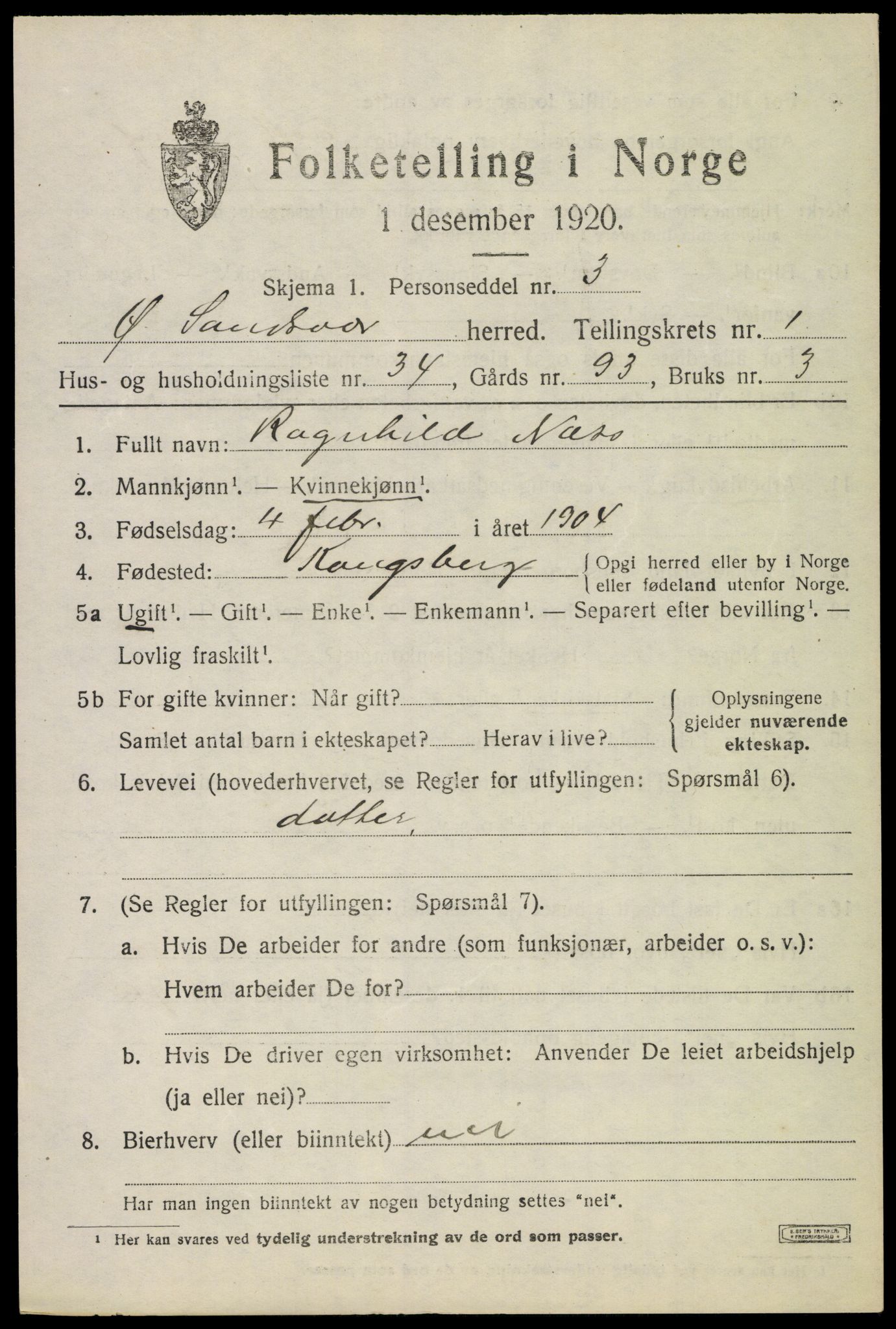 SAKO, 1920 census for Øvre Sandsvær, 1920, p. 1346