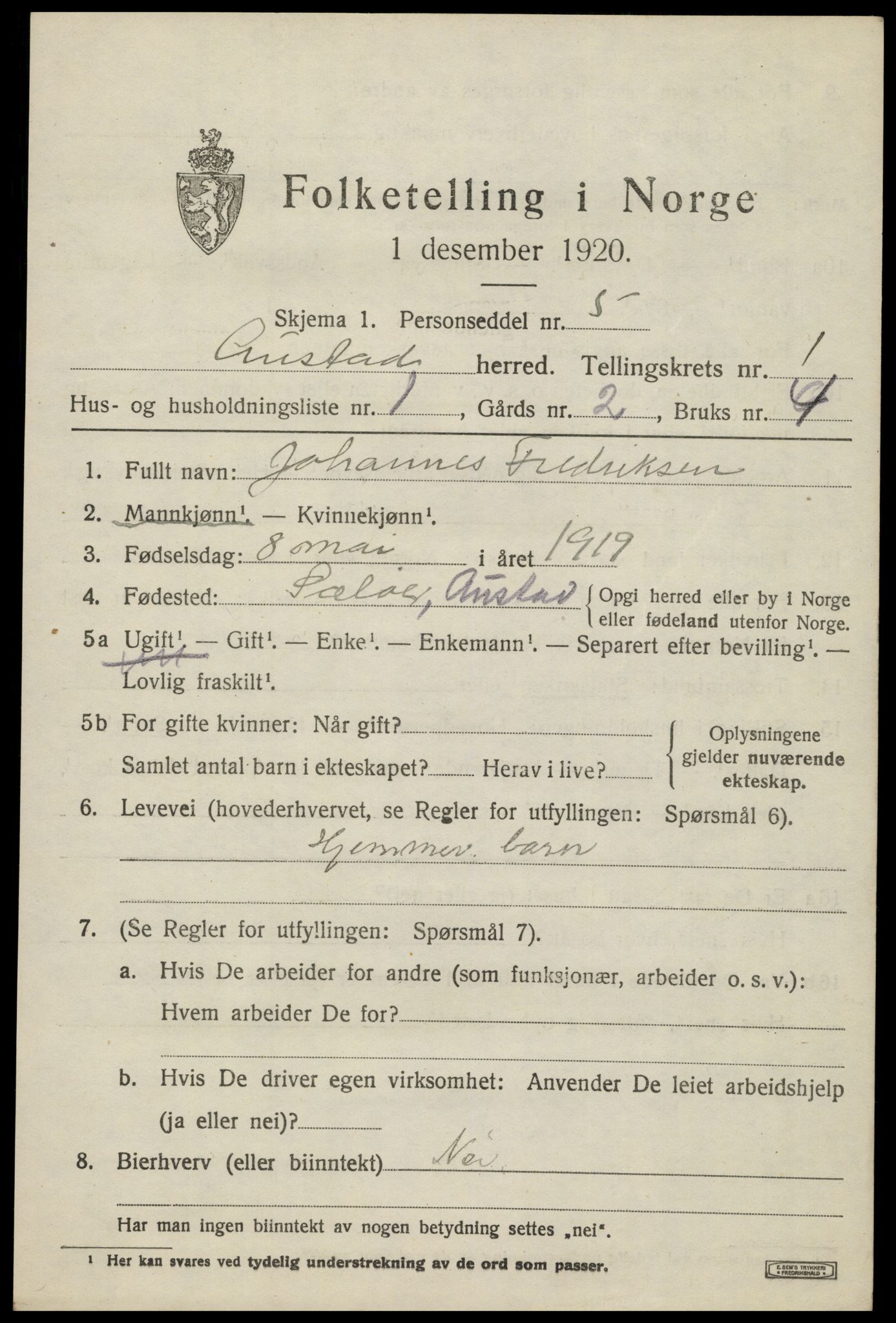 SAK, 1920 census for Austad, 1920, p. 607