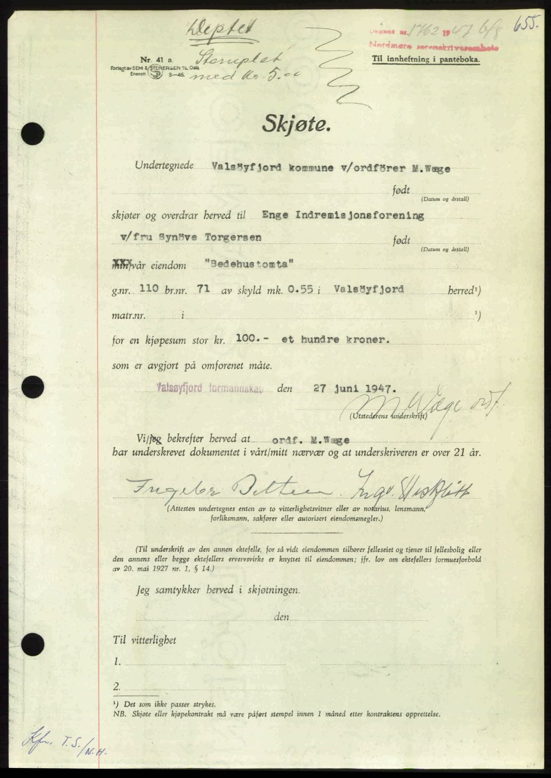 Nordmøre sorenskriveri, AV/SAT-A-4132/1/2/2Ca: Mortgage book no. A105, 1947-1947, Diary no: : 1762/1947