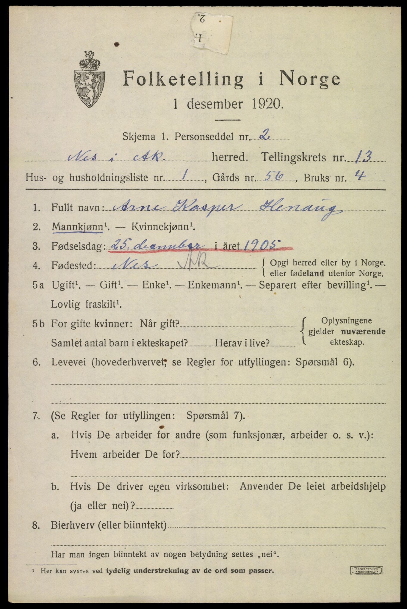 SAO, 1920 census for Nes, 1920, p. 13426