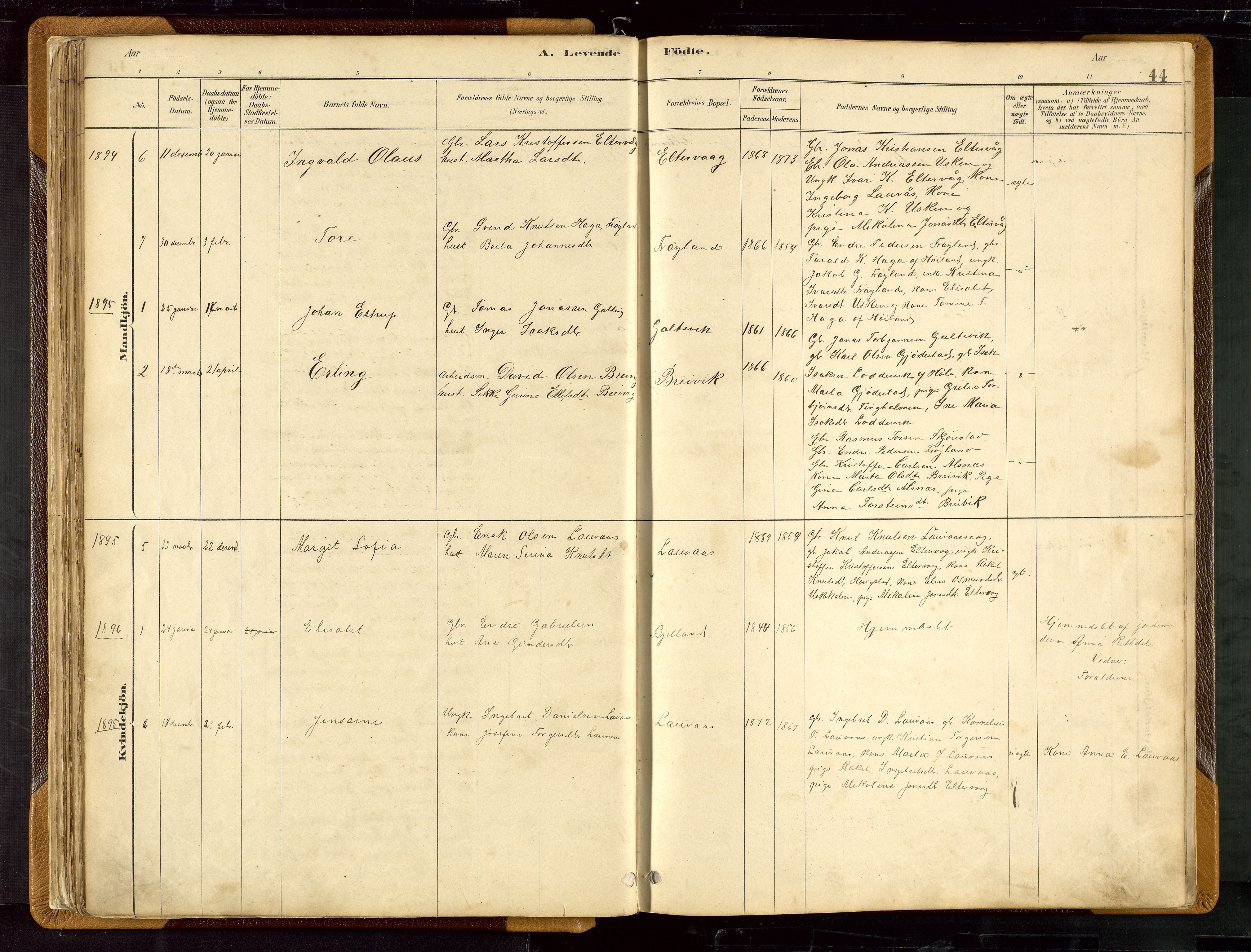 Hetland sokneprestkontor, SAST/A-101826/30/30BB/L0007: Parish register (copy) no. B 7, 1878-1910, p. 44
