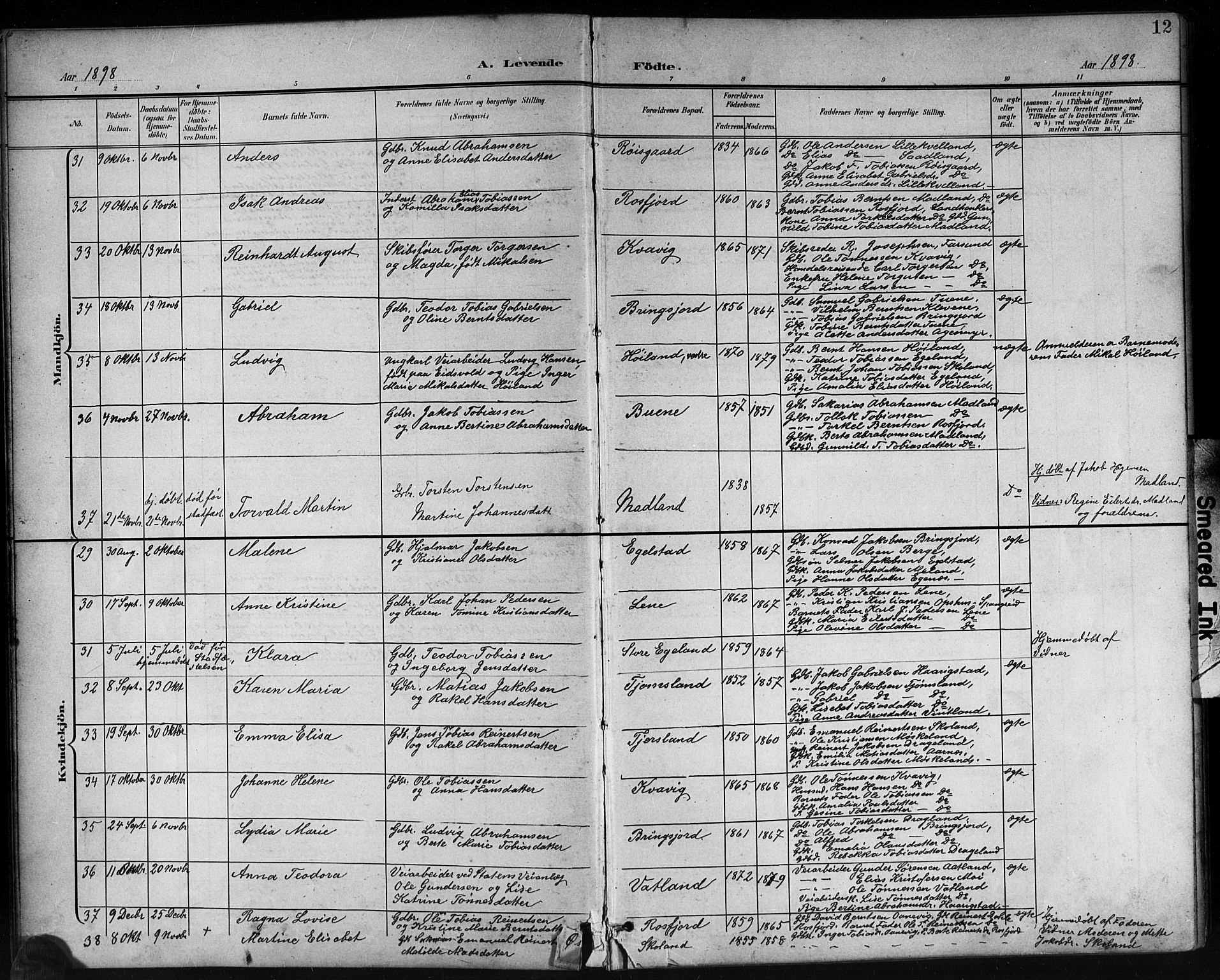 Lyngdal sokneprestkontor, AV/SAK-1111-0029/F/Fb/Fbc/L0005: Parish register (copy) no. B 5, 1897-1913, p. 12