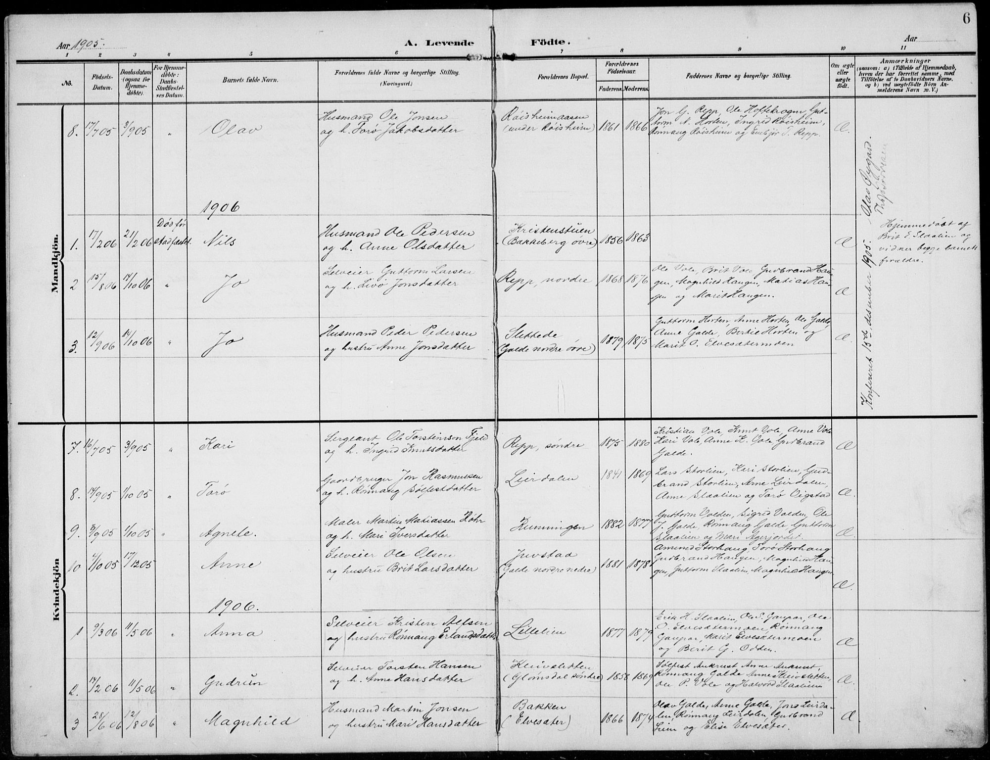 Lom prestekontor, SAH/PREST-070/L/L0007: Parish register (copy) no. 7, 1904-1938, p. 6