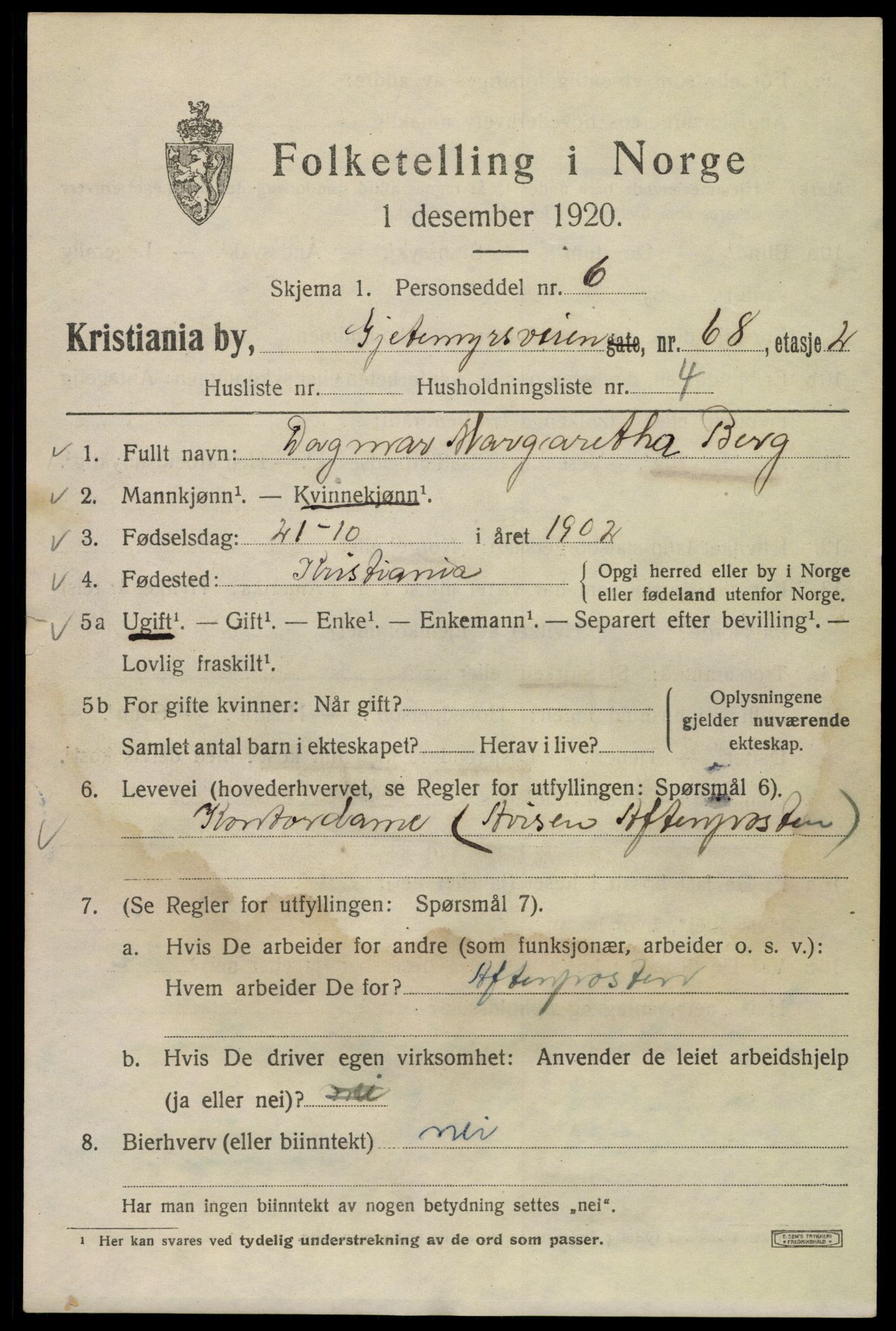 SAO, 1920 census for Kristiania, 1920, p. 250107