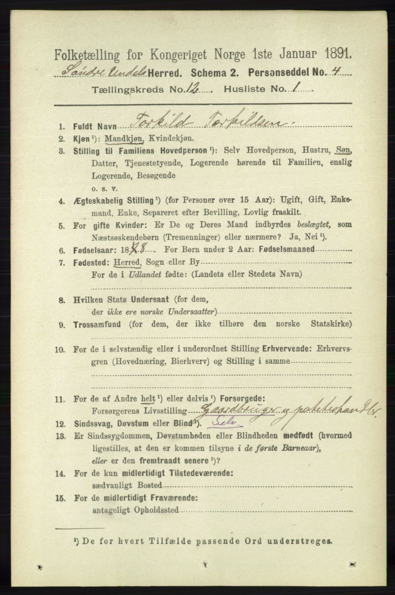 RA, 1891 census for 1029 Sør-Audnedal, 1891, p. 5504