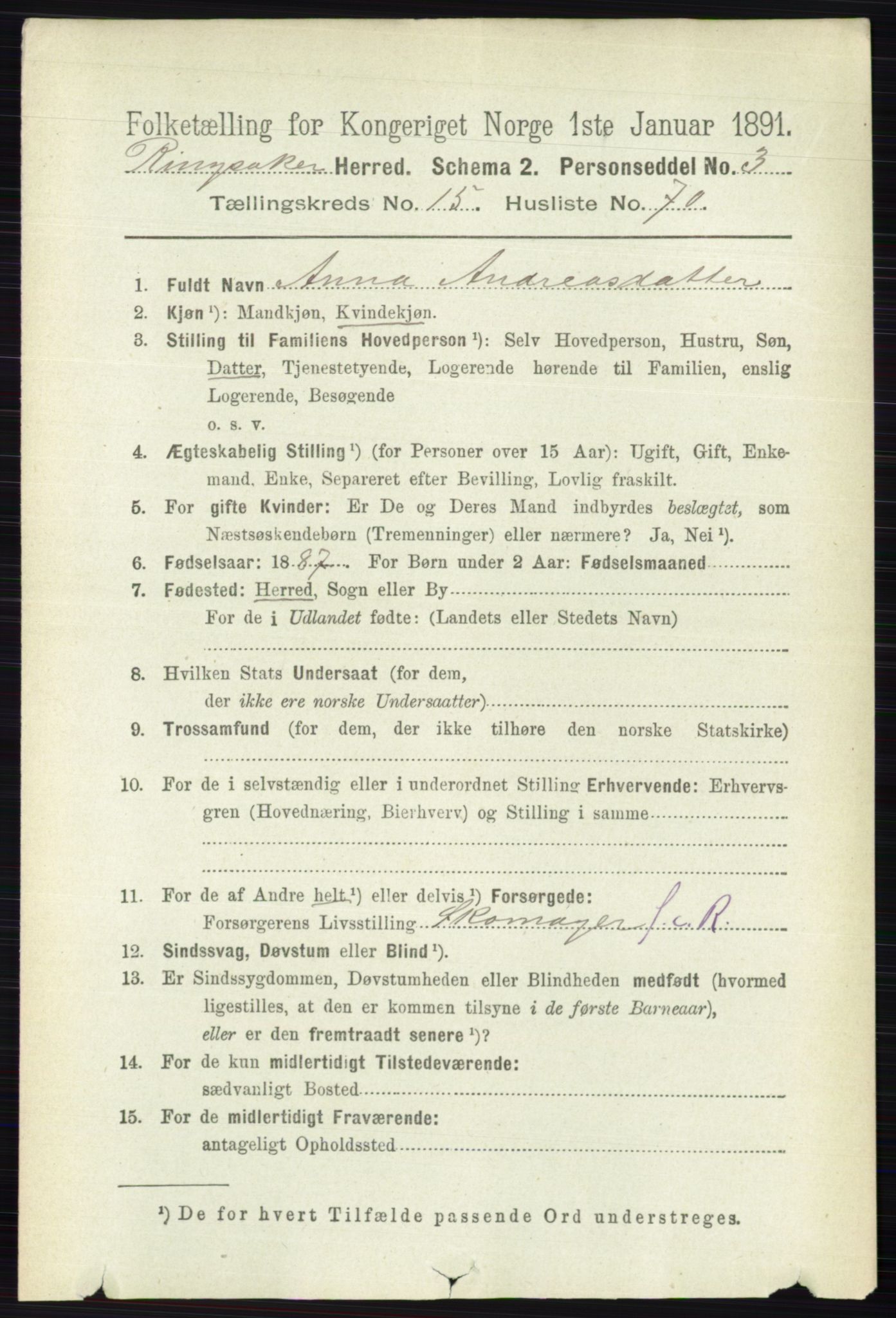 RA, 1891 census for 0412 Ringsaker, 1891, p. 8915