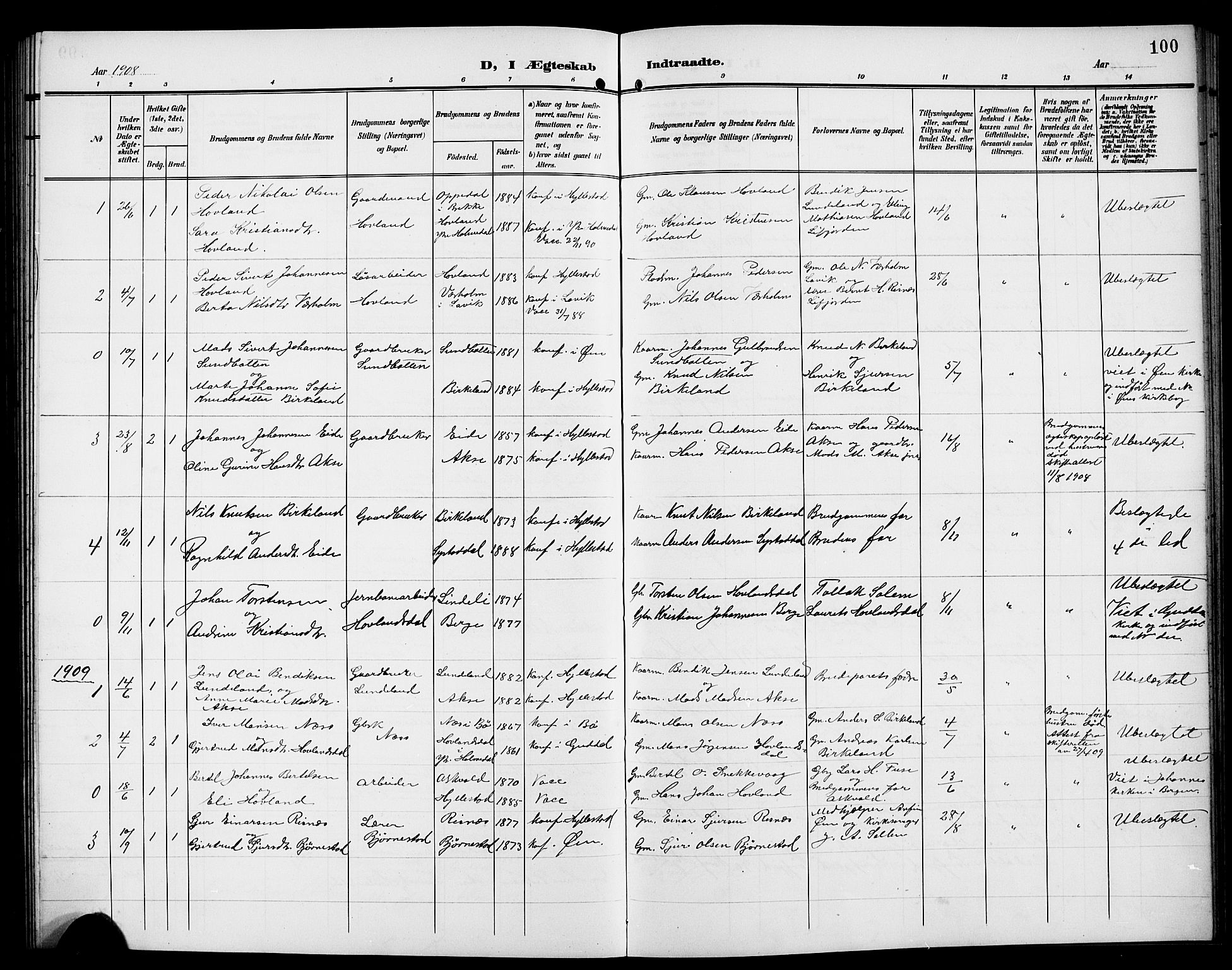 Hyllestad sokneprestembete, AV/SAB-A-80401: Parish register (copy) no. A 3, 1906-1925, p. 100