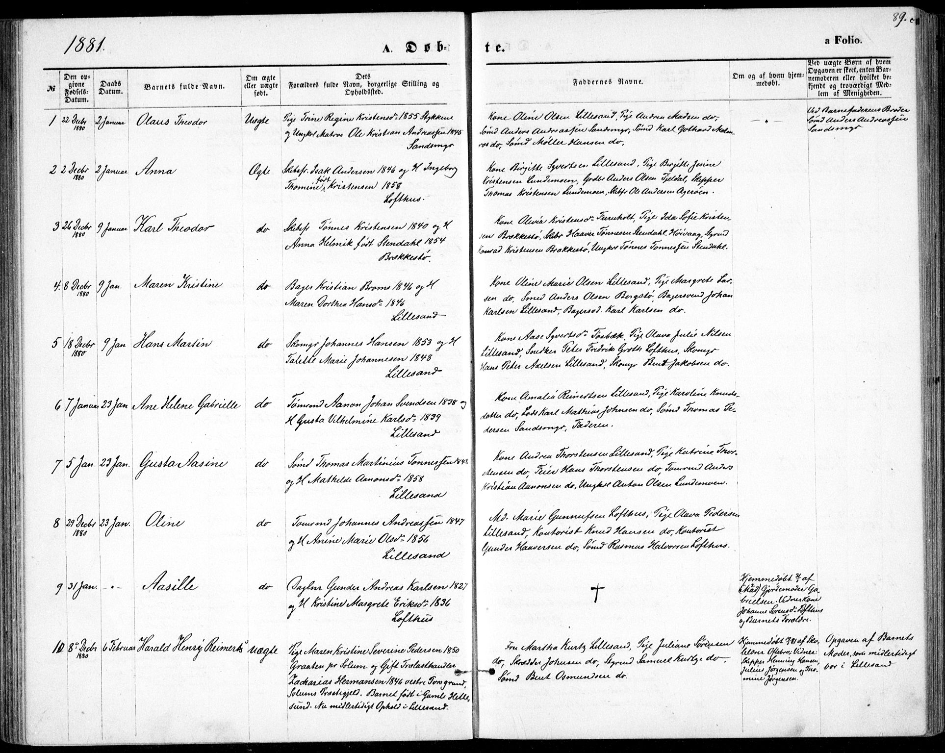 Vestre Moland sokneprestkontor, SAK/1111-0046/F/Fb/Fbb/L0005: Parish register (copy) no. B 5, 1872-1883, p. 89