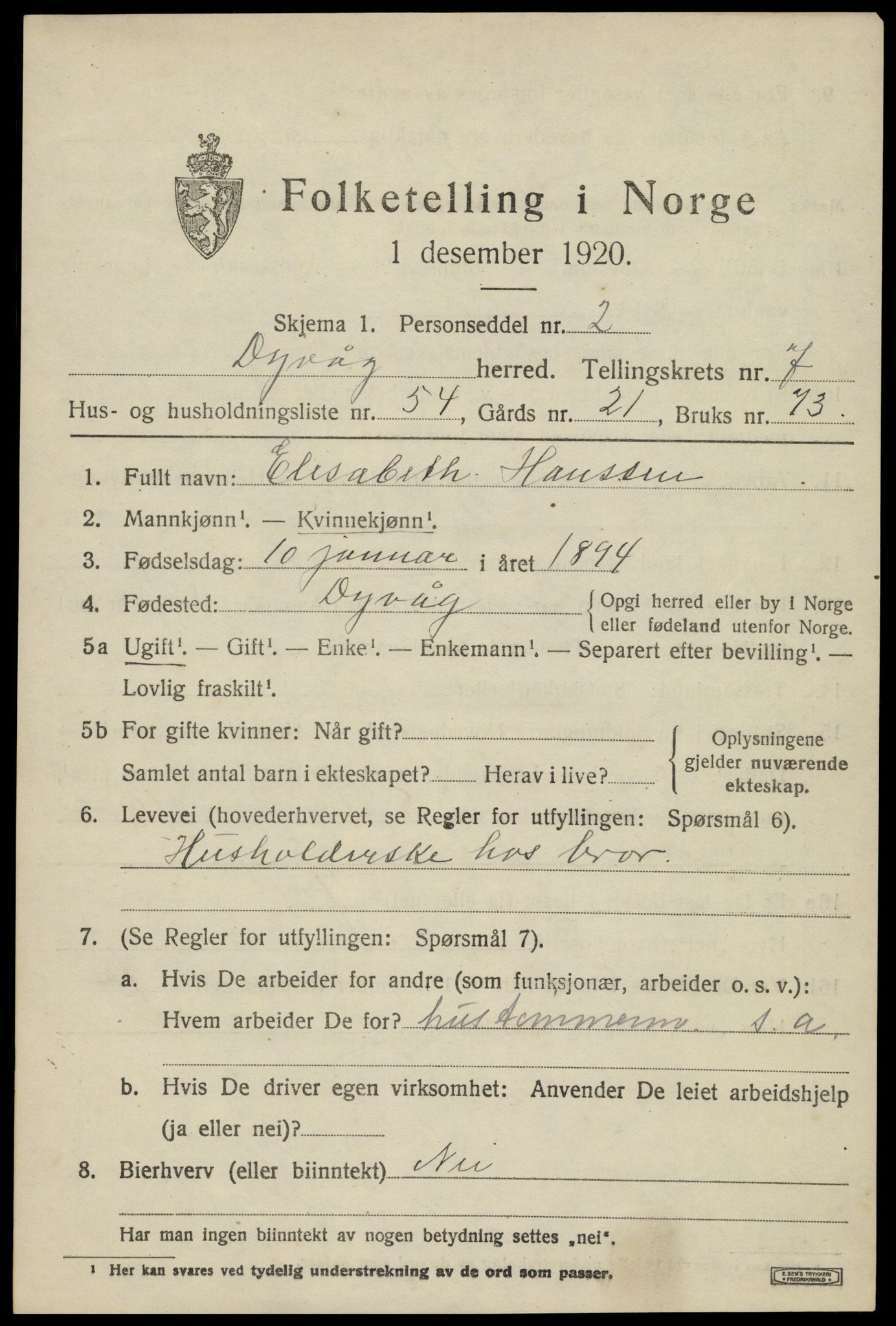 SAK, 1920 census for Dypvåg, 1920, p. 6201