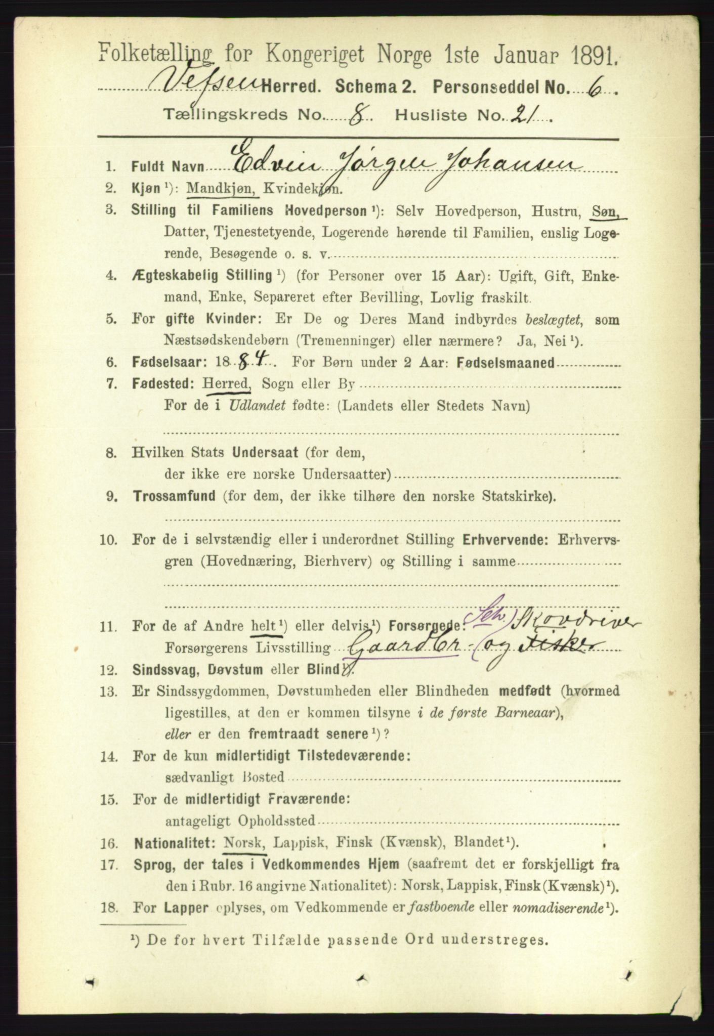 RA, 1891 census for 1824 Vefsn, 1891, p. 4381