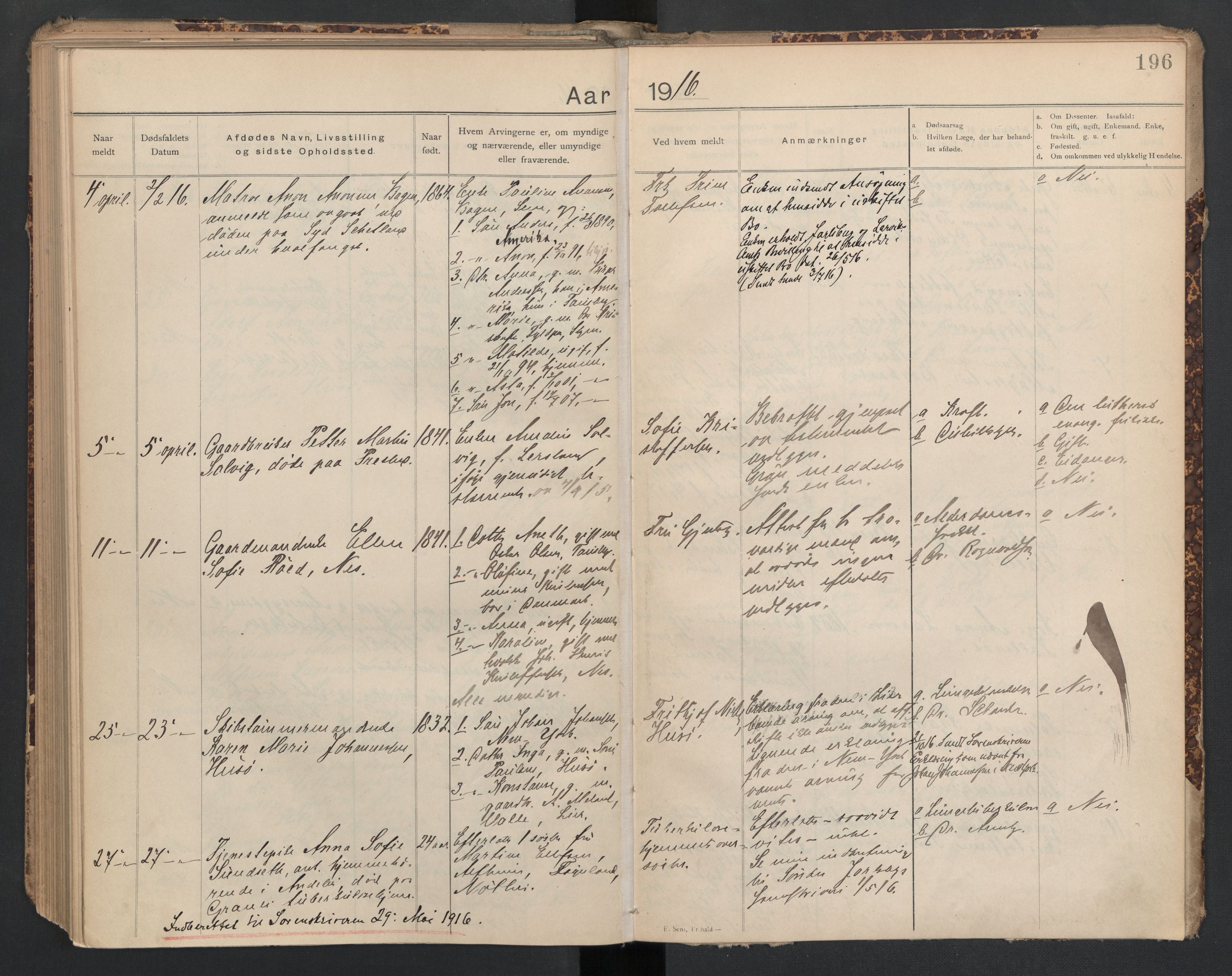 Sem lensmannskontor, SAKO/A-547/H/Ha/L0005: Dødsfallsprotokoll, 1903-1916, p. 196