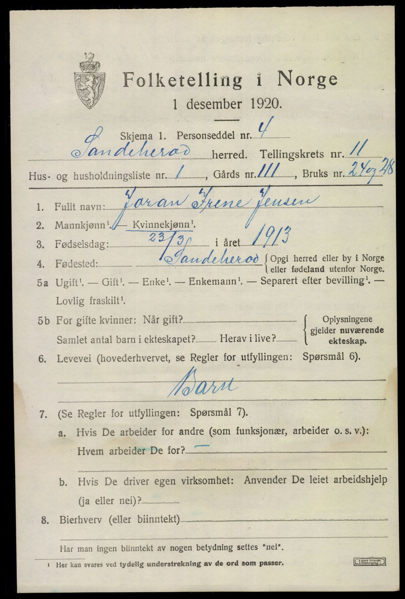 SAKO, 1920 census for Sandeherred, 1920, p. 15548