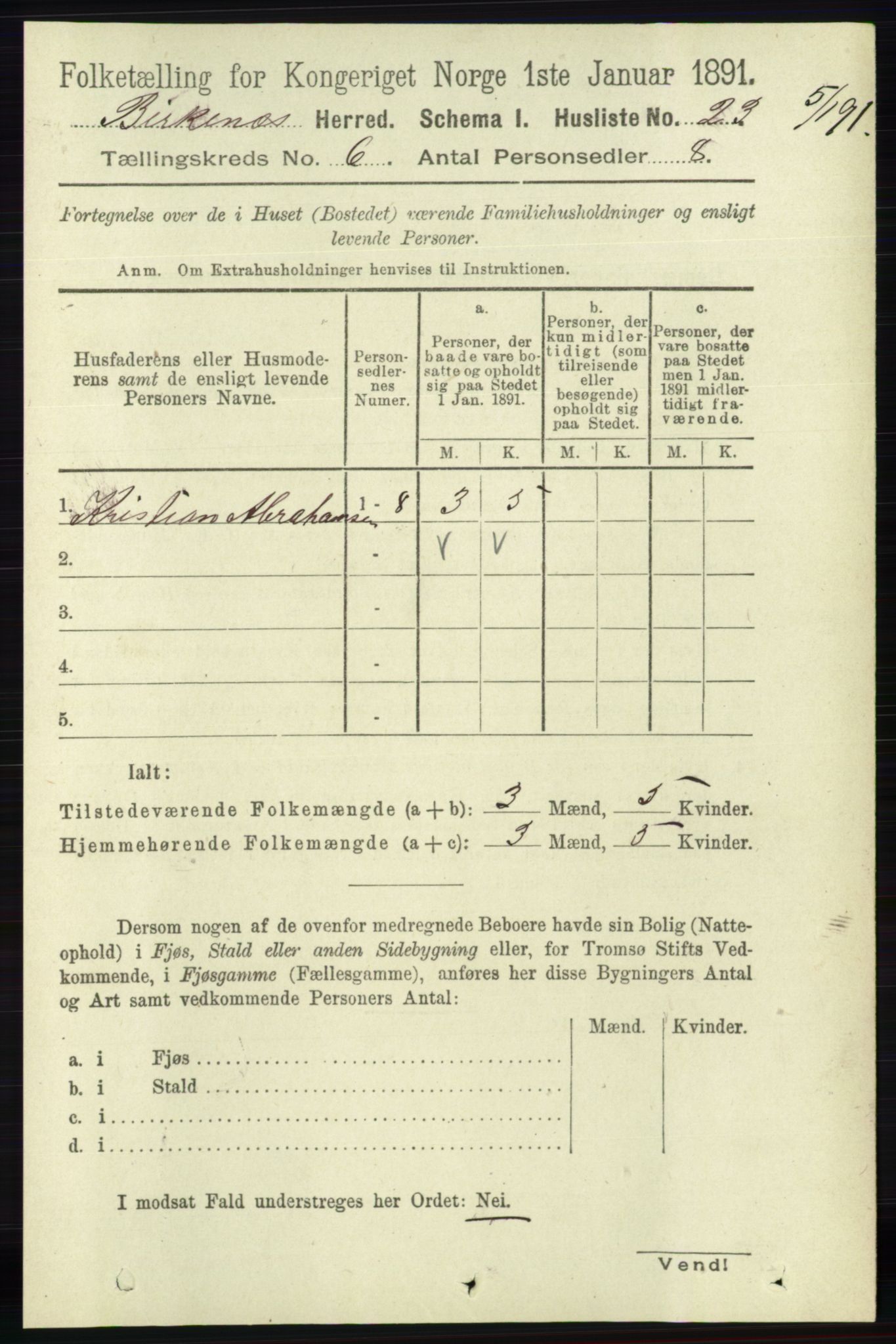 RA, 1891 Census for 0928 Birkenes, 1891, p. 1788