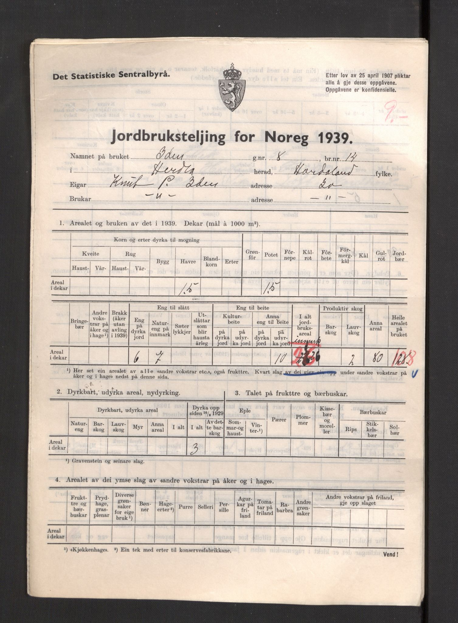 Statistisk sentralbyrå, Næringsøkonomiske emner, Jordbruk, skogbruk, jakt, fiske og fangst, AV/RA-S-2234/G/Gb/L0211: Hordaland: Herdla, Hjelme og Manger, 1939, p. 995