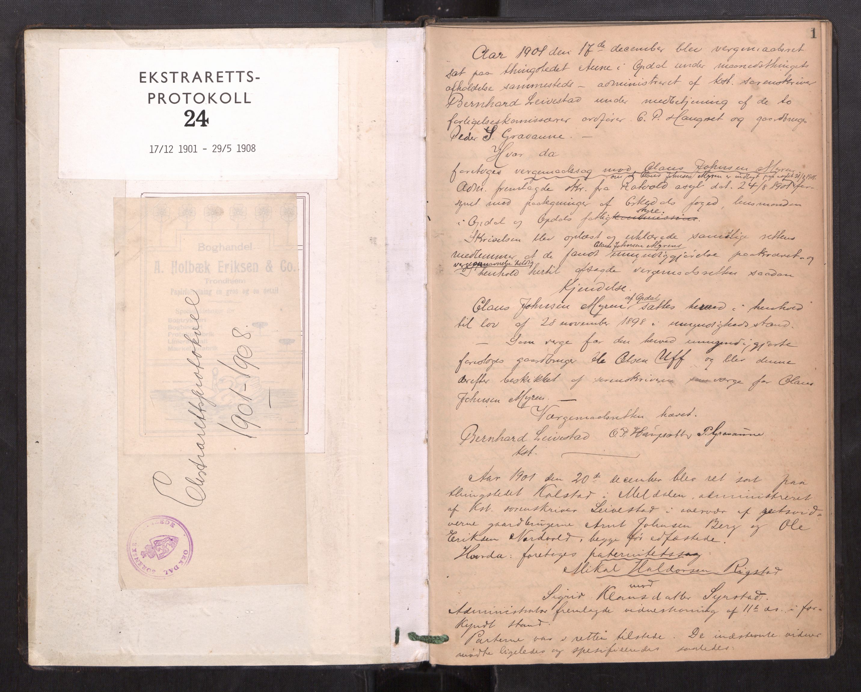 Orkdal sorenskriveri, AV/SAT-A-4169/1/1/1B/L0024: Ekstrarettsprotokoll, 1901-1908, p. 1