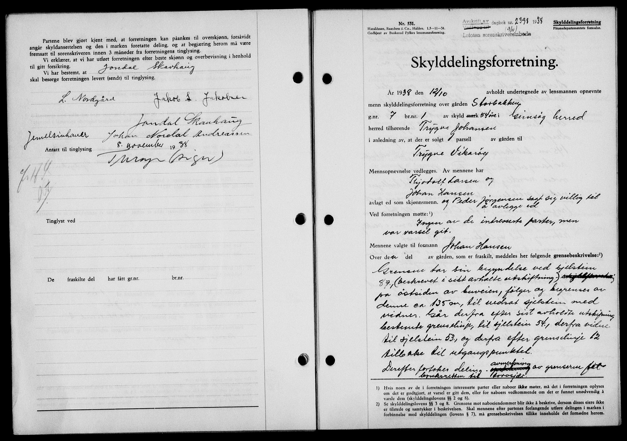 Lofoten sorenskriveri, SAT/A-0017/1/2/2C/L0004a: Mortgage book no. 4a, 1938-1938, Diary no: : 2398/1938