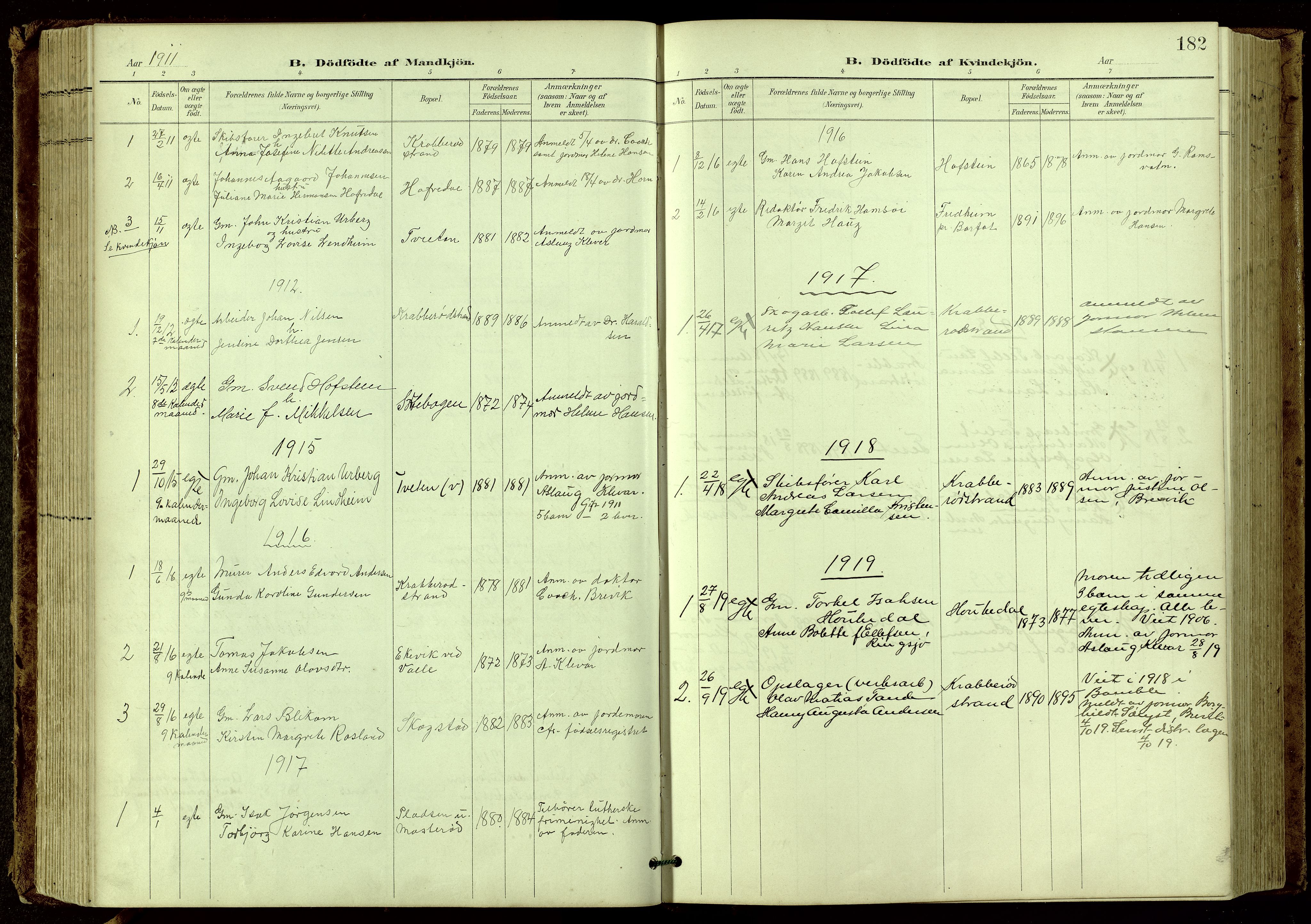 Bamble kirkebøker, SAKO/A-253/G/Ga/L0010: Parish register (copy) no. I 10, 1901-1919, p. 182
