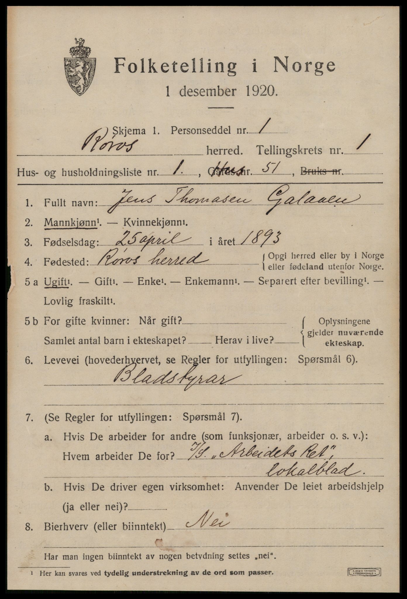 SAT, 1920 census for Røros, 1920, p. 1884