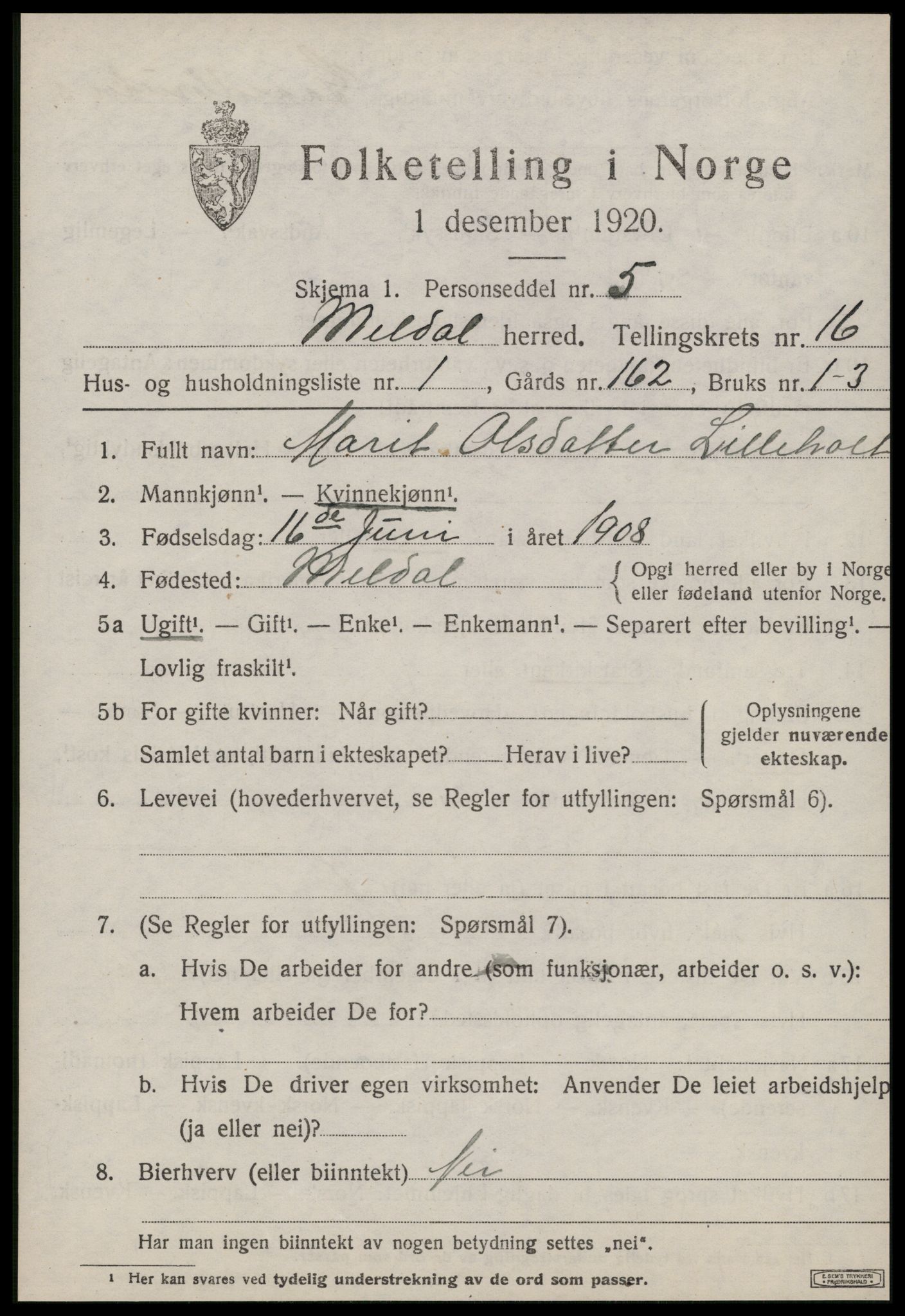 SAT, 1920 census for Meldal, 1920, p. 10837