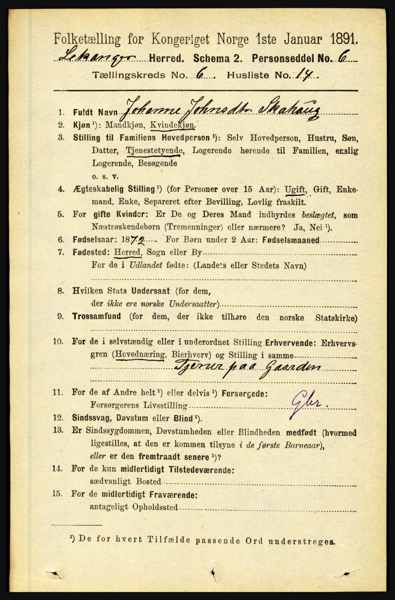 RA, 1891 census for 1419 Leikanger, 1891, p. 1200