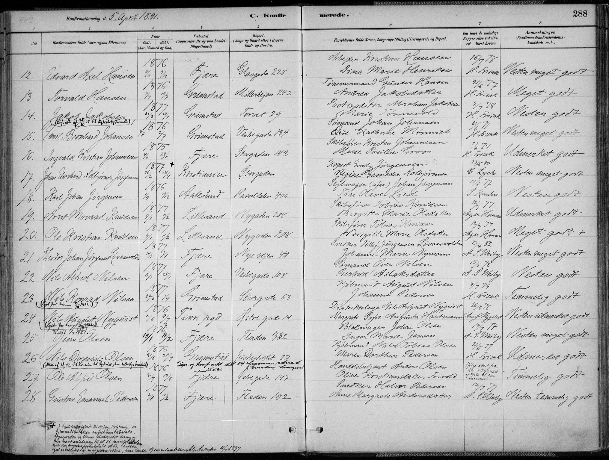 Grimstad sokneprestkontor, SAK/1111-0017/F/Fa/L0003: Parish register (official) no. A 2, 1882-1912, p. 288
