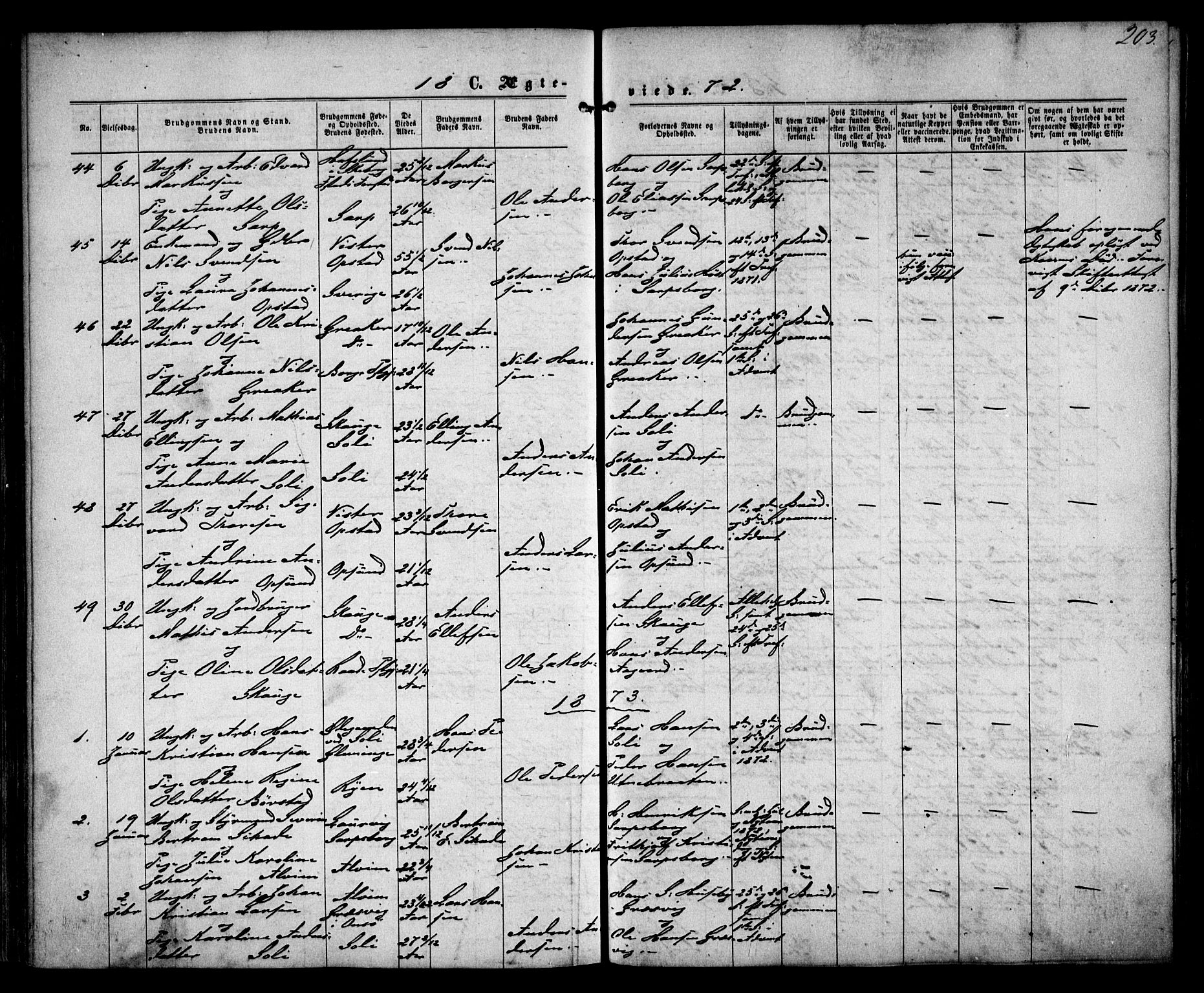 Tune prestekontor Kirkebøker, AV/SAO-A-2007/F/Fa/L0015: Parish register (official) no. 15, 1869-1873, p. 203