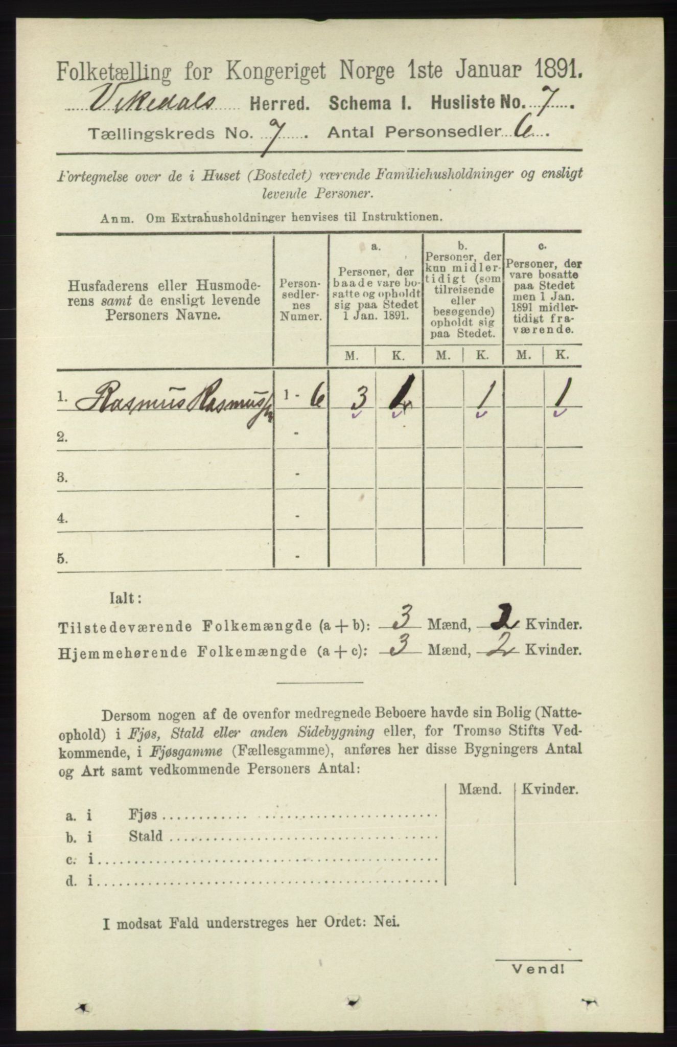 RA, 1891 census for 1157 Vikedal, 1891, p. 1999