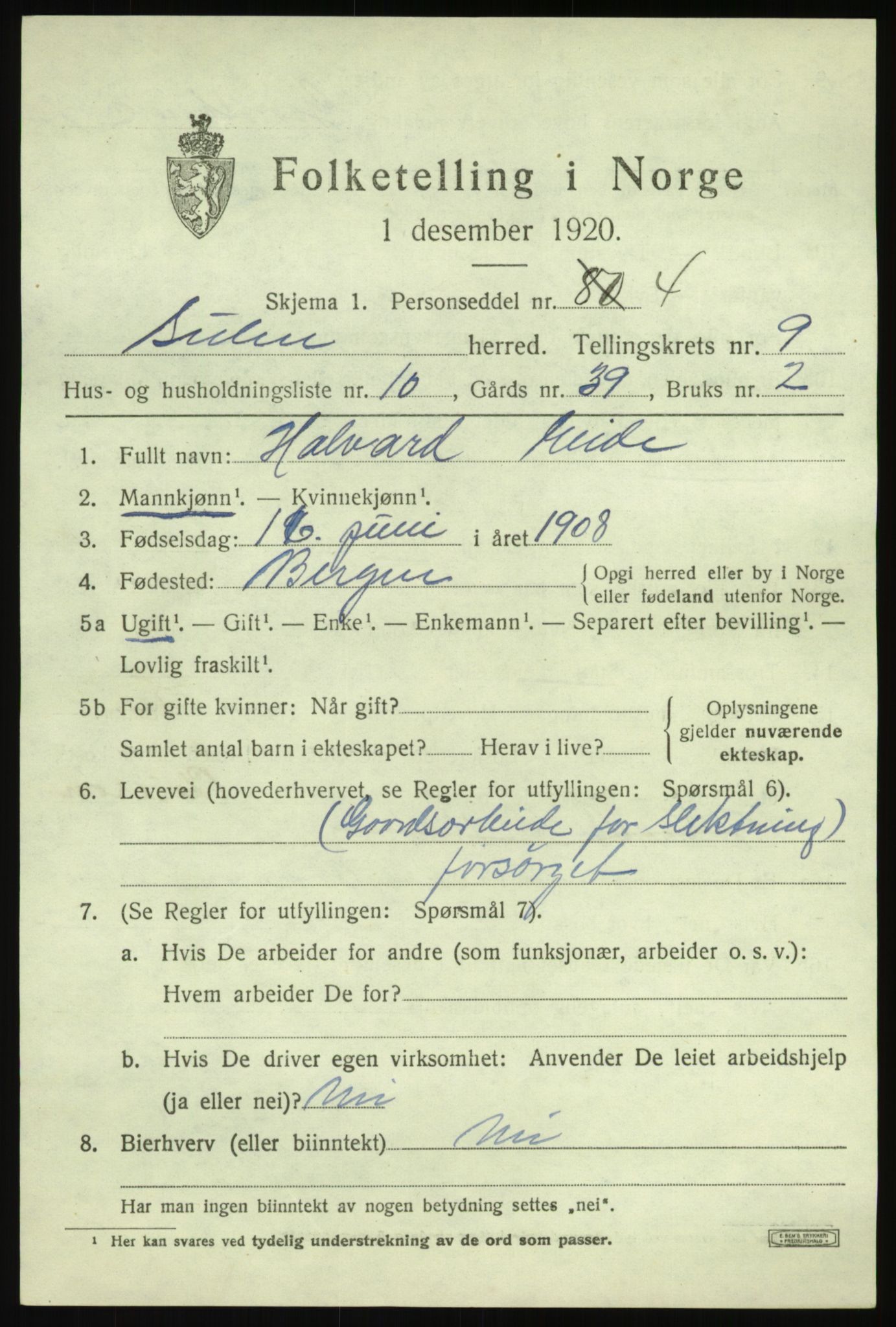 SAB, 1920 census for Solund, 1920, p. 3400