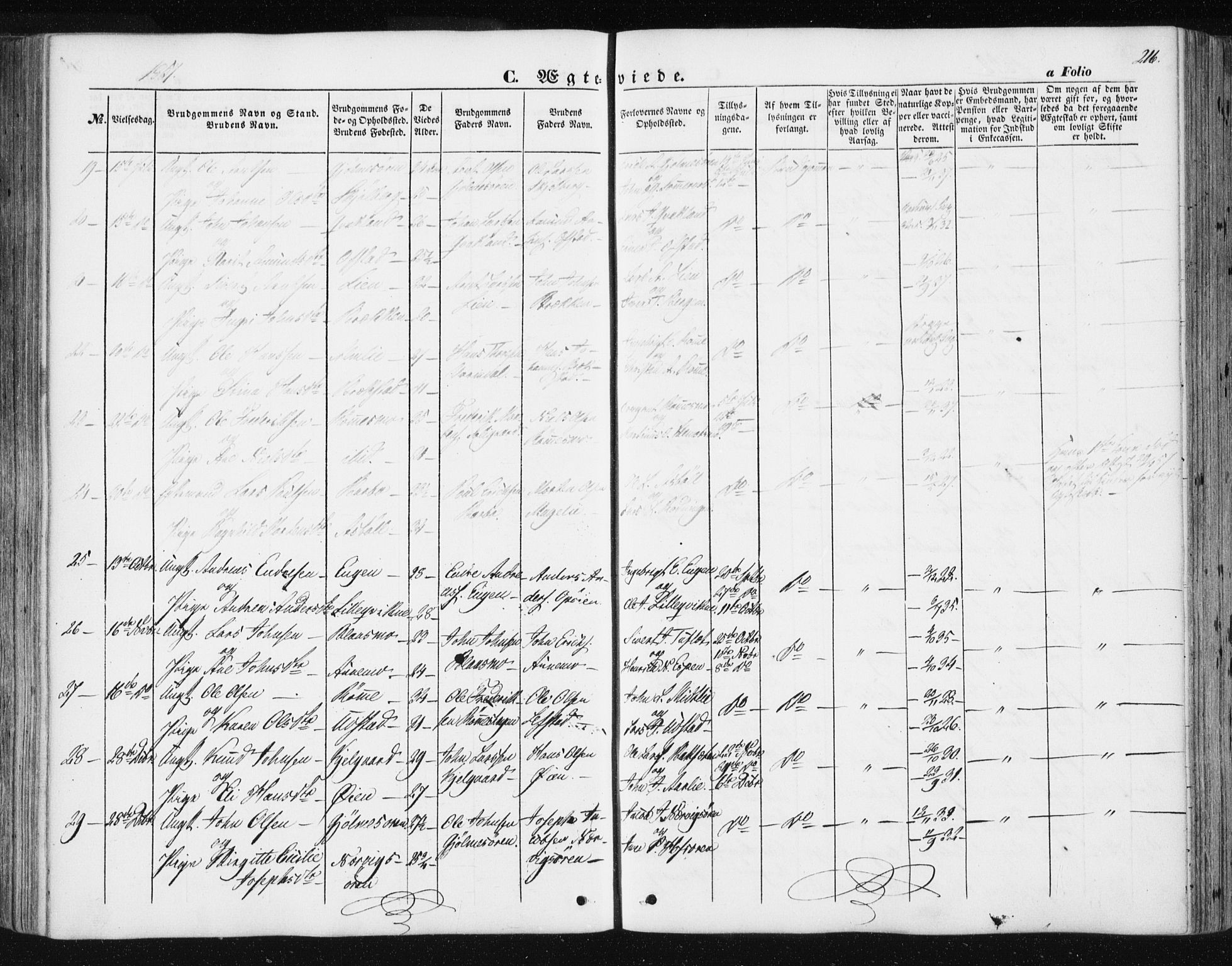 Ministerialprotokoller, klokkerbøker og fødselsregistre - Sør-Trøndelag, SAT/A-1456/668/L0806: Parish register (official) no. 668A06, 1854-1869, p. 216