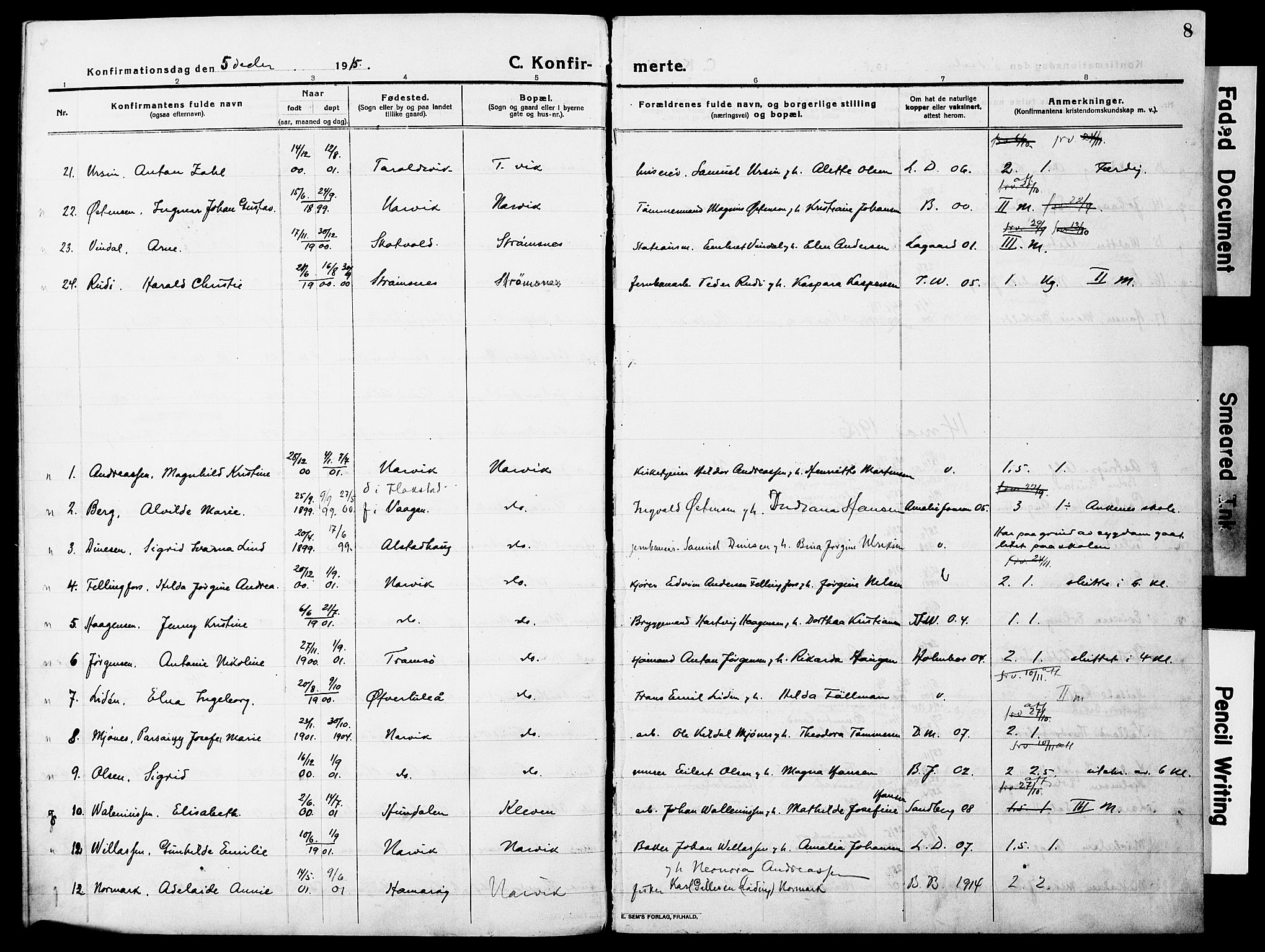 Ministerialprotokoller, klokkerbøker og fødselsregistre - Nordland, AV/SAT-A-1459/871/L0989: Parish register (official) no. 871A05, 1915-1922, p. 8