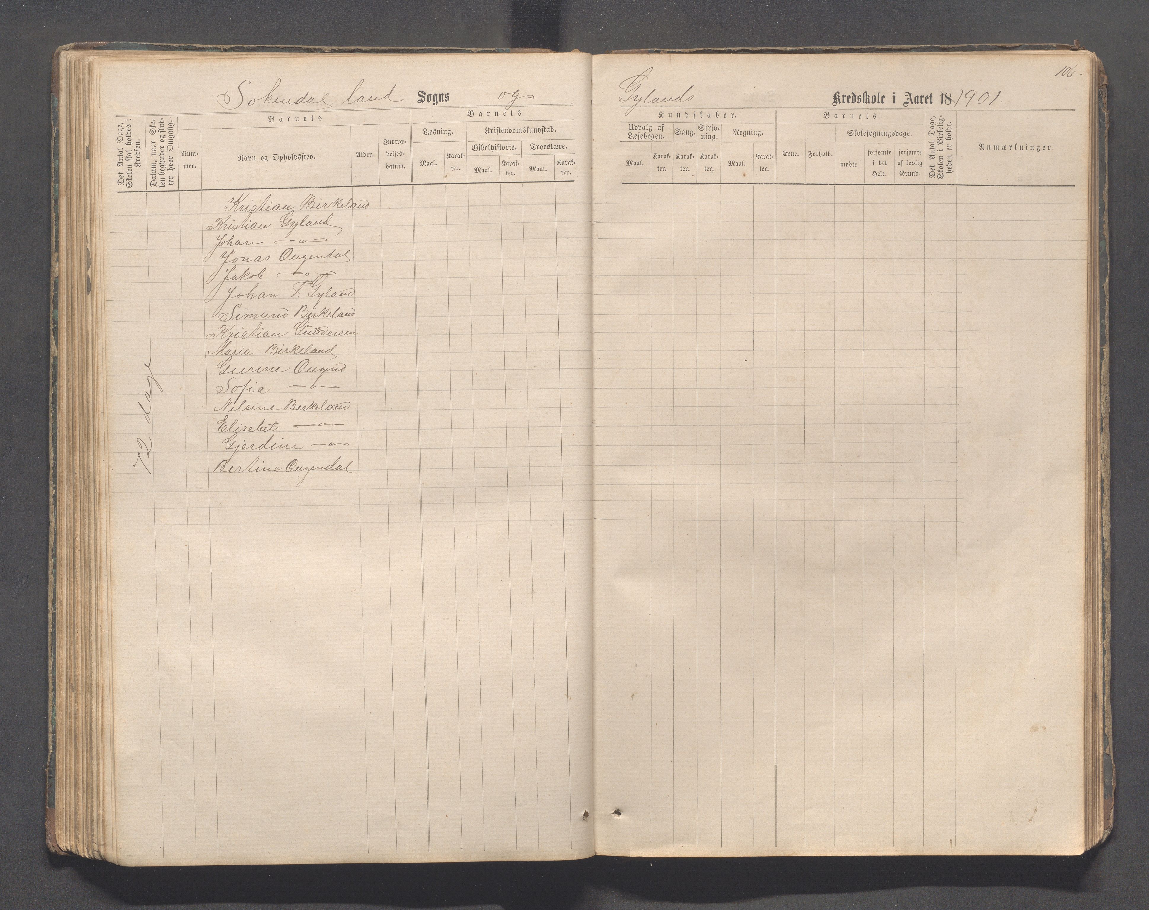 Sokndal kommune- Skolestyret/Skolekontoret, IKAR/K-101142/H/L0011: Skoleprotokoll - Mydland, Årrestad, Årsvoll, Gyland, Brambo, Skogestad, 1873-1908, p. 106