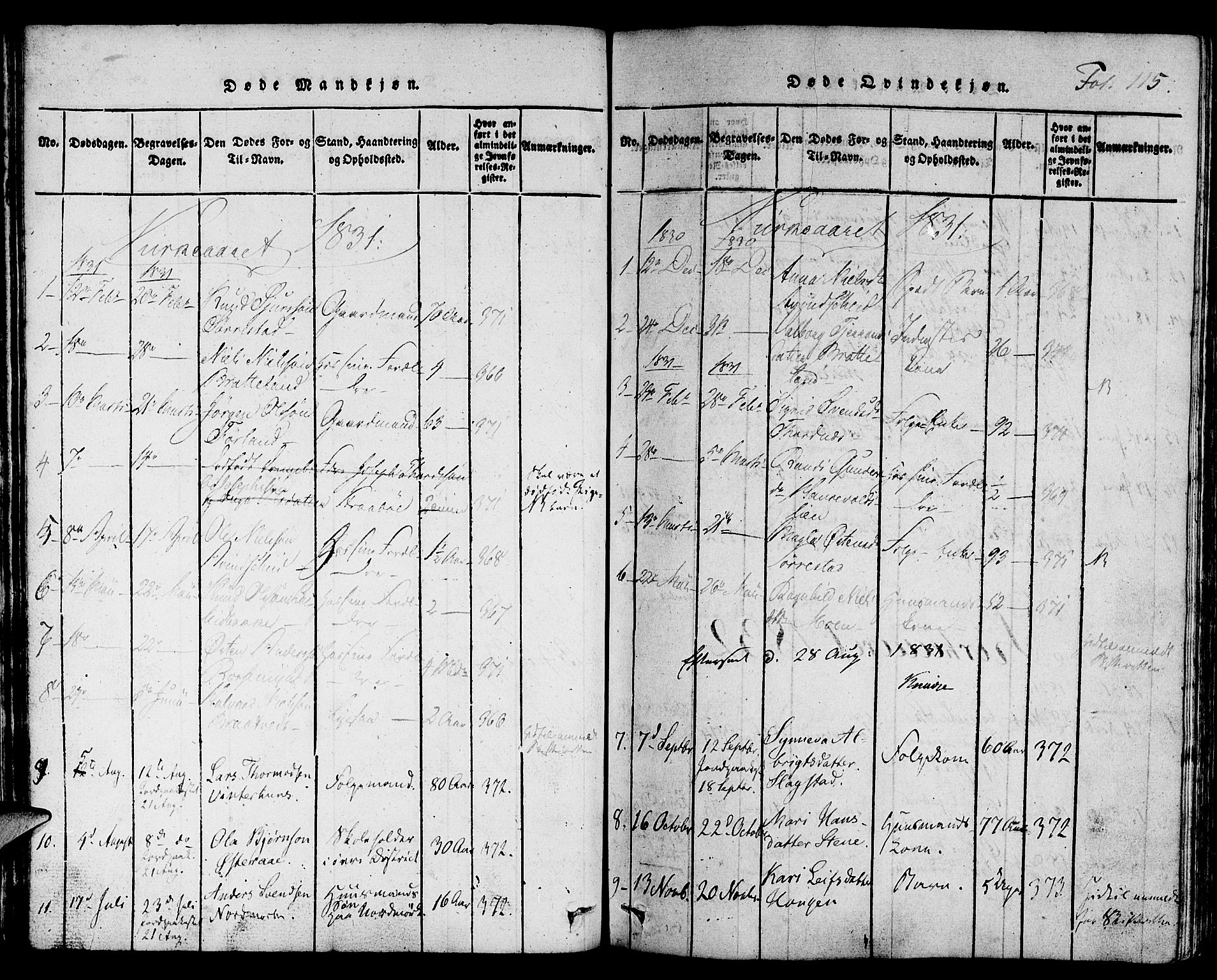 Suldal sokneprestkontor, AV/SAST-A-101845/01/IV/L0006: Parish register (official) no. A 6, 1816-1836, p. 115