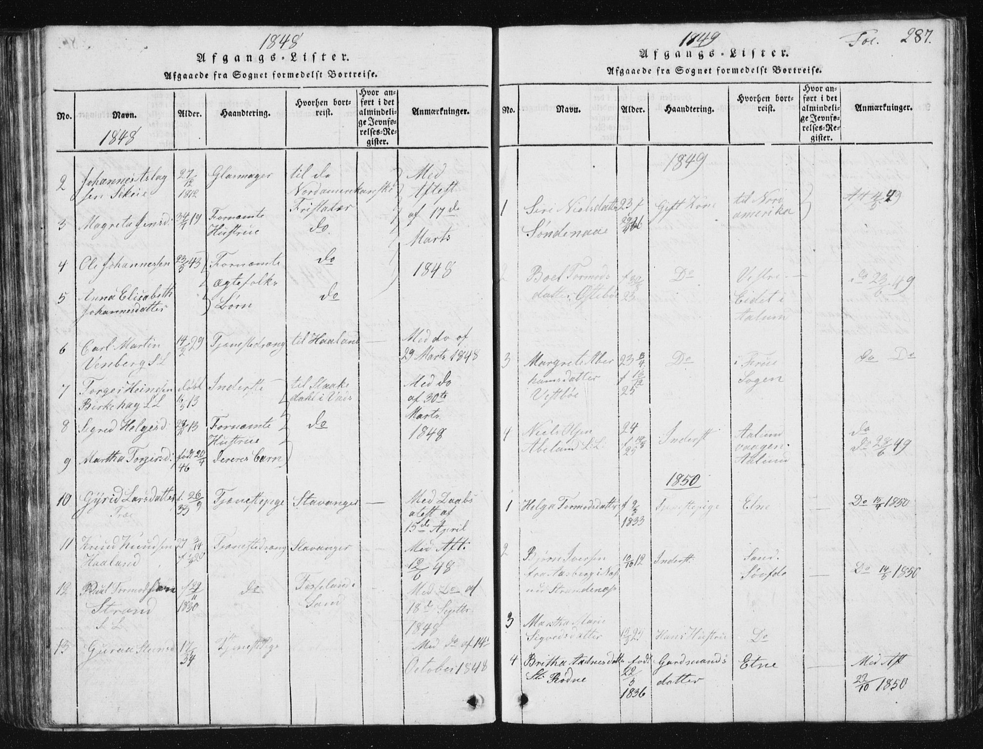 Vikedal sokneprestkontor, SAST/A-101840/01/V: Parish register (copy) no. B 2, 1816-1863, p. 287