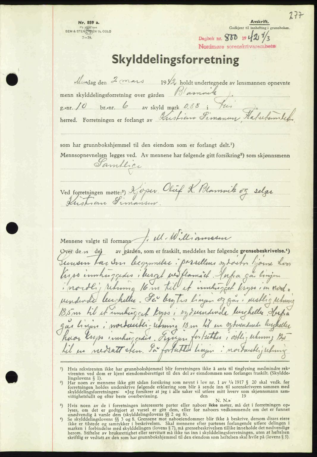 Nordmøre sorenskriveri, AV/SAT-A-4132/1/2/2Ca: Mortgage book no. A92, 1942-1942, Diary no: : 800/1942