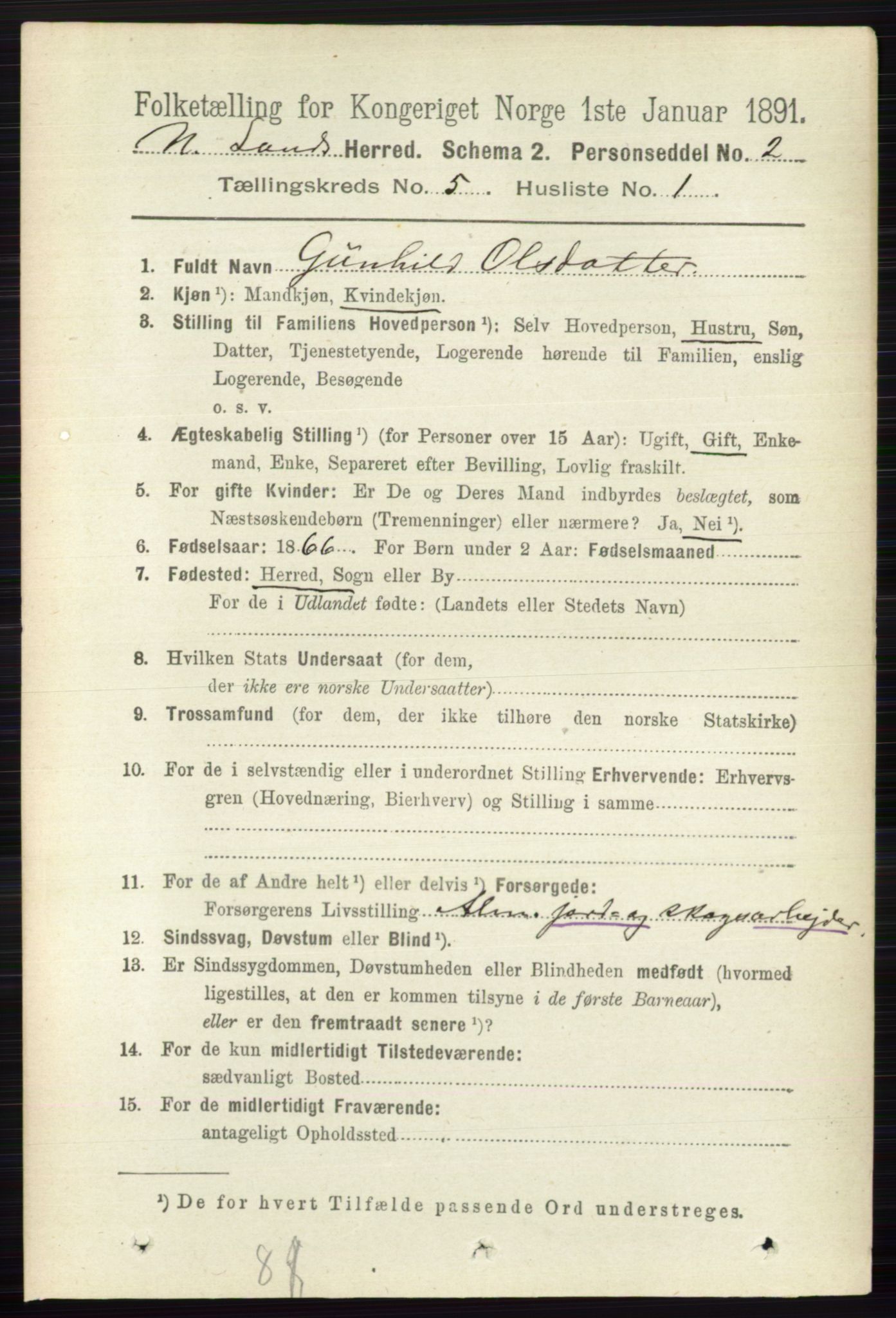 RA, 1891 census for 0538 Nordre Land, 1891, p. 1553