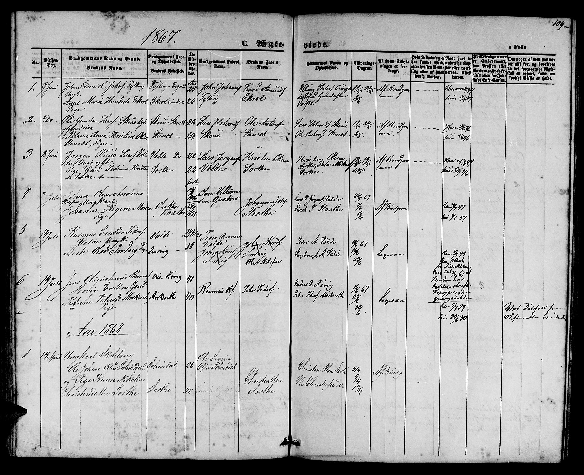 Ministerialprotokoller, klokkerbøker og fødselsregistre - Møre og Romsdal, AV/SAT-A-1454/524/L0364: Parish register (copy) no. 524C05, 1865-1879, p. 109