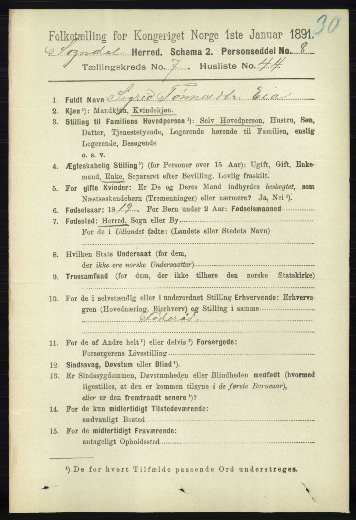 RA, 1891 census for 1111 Sokndal, 1891, p. 2387
