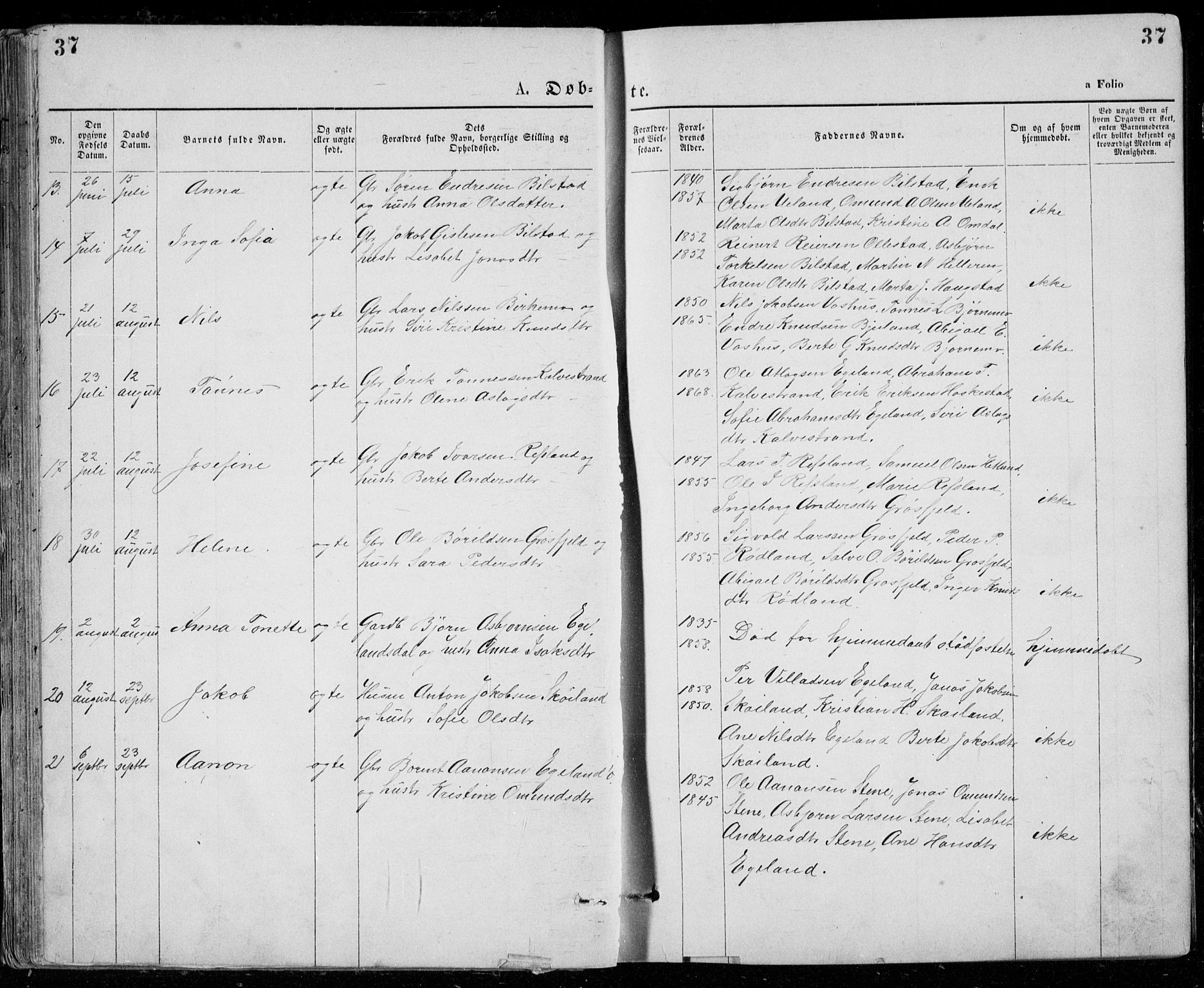 Lund sokneprestkontor, SAST/A-101809/S07/L0005: Parish register (copy) no. B 5, 1875-1889, p. 37