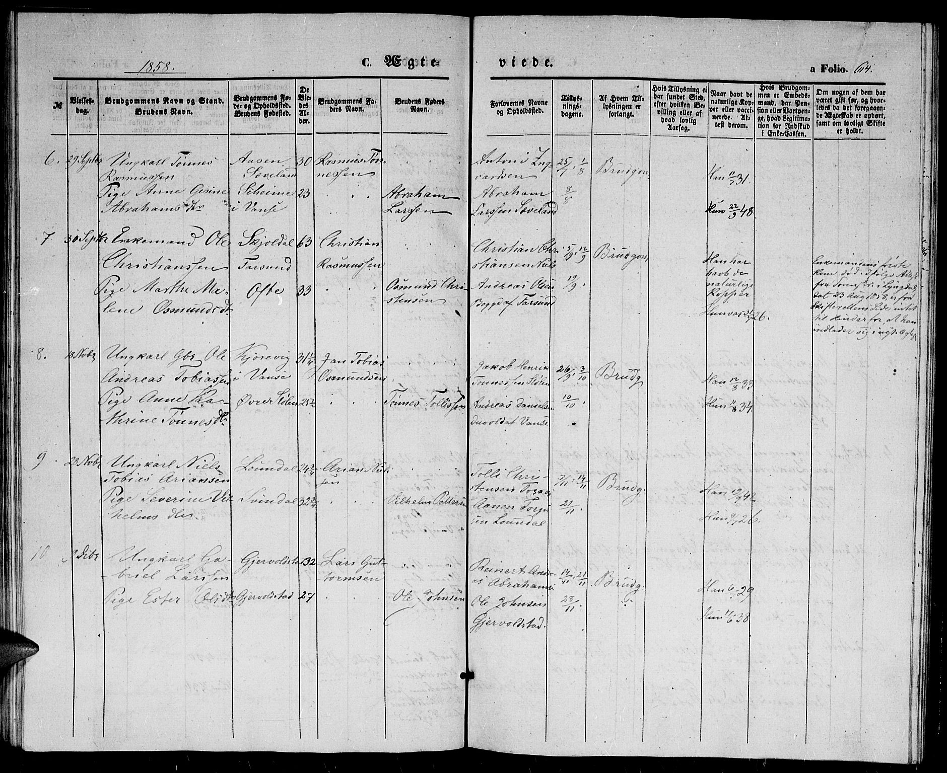 Herad sokneprestkontor, SAK/1111-0018/F/Fb/Fba/L0002: Parish register (copy) no. B 2, 1852-1862, p. 64