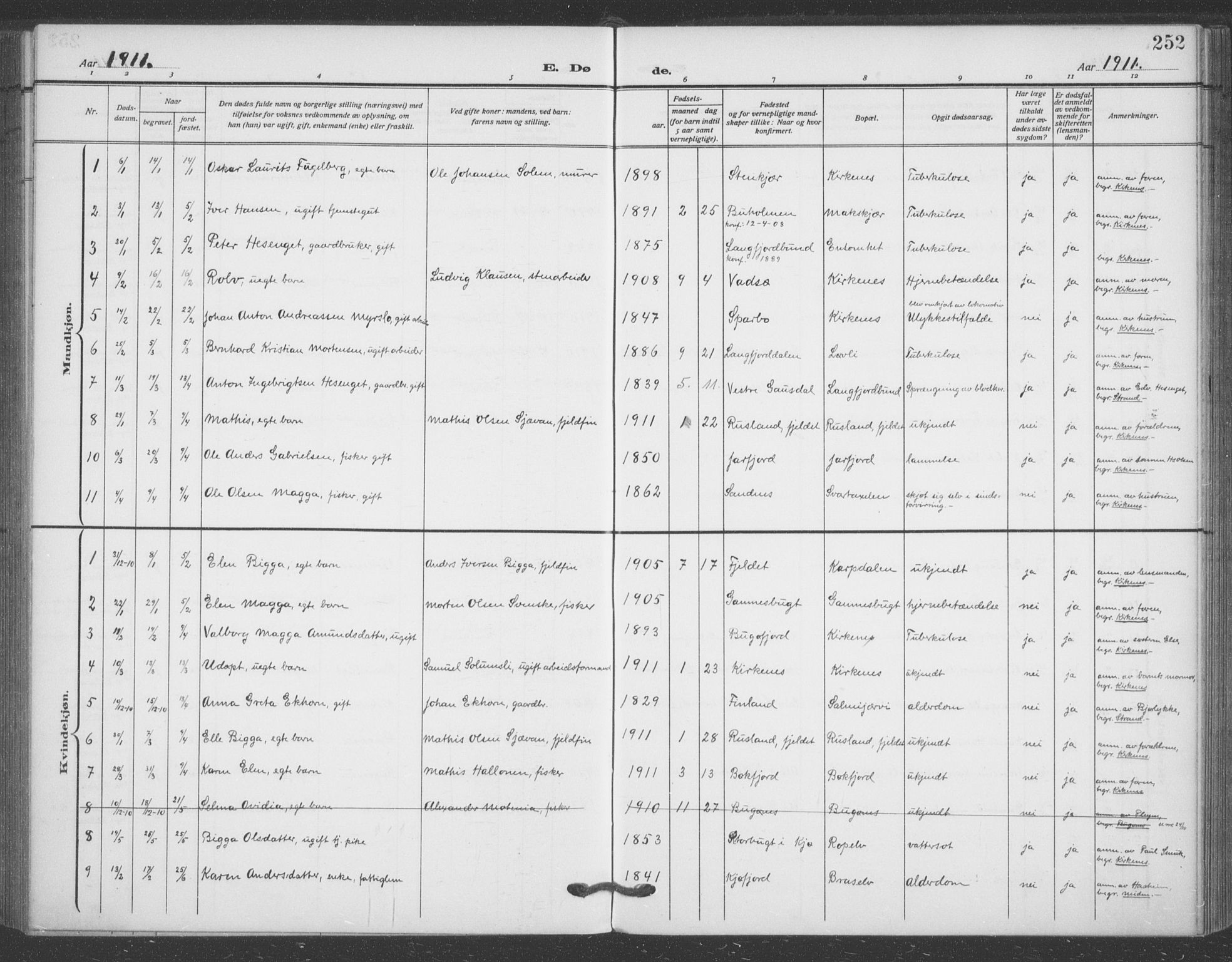 Sør-Varanger sokneprestkontor, AV/SATØ-S-1331/H/Ha/L0005kirke: Parish register (official) no. 5, 1909-1919, p. 252