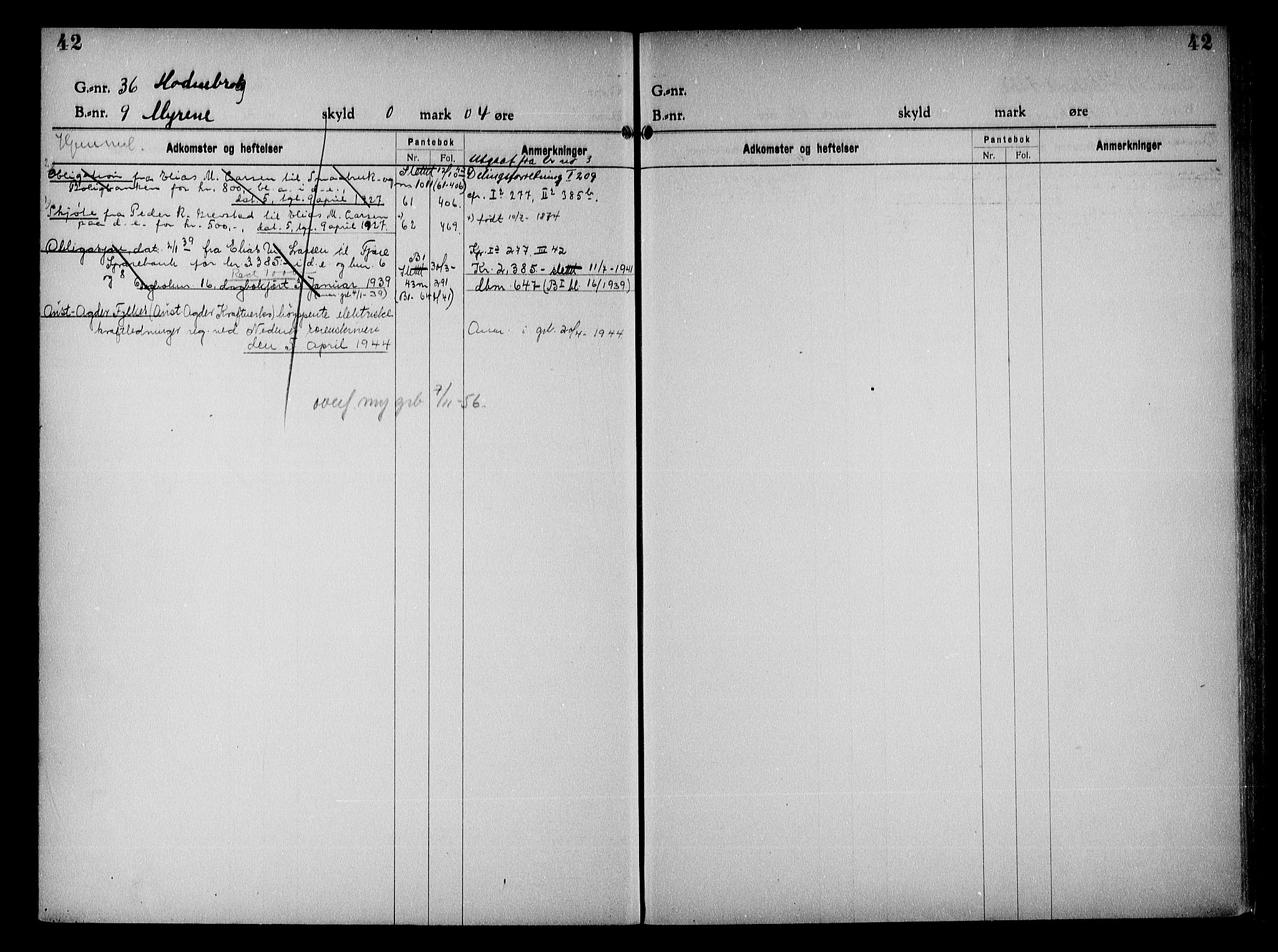 Vestre Nedenes/Sand sorenskriveri, SAK/1221-0010/G/Ga/L0023: Mortgage register no. 16, 1923-1957, p. 42