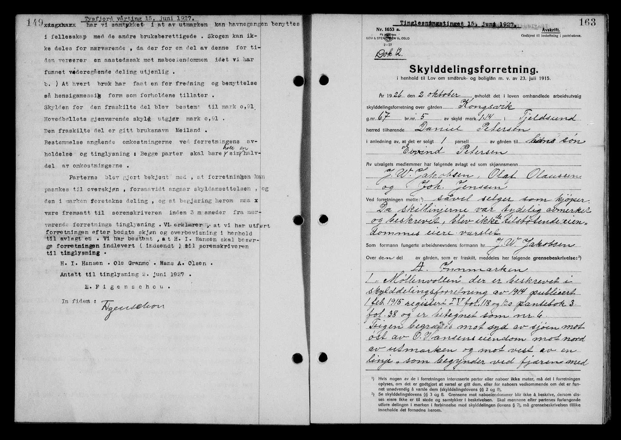 Steigen og Ofoten sorenskriveri, SAT/A-0030/1/2/2C/L0014: Mortgage book no. 13 og 15, 1926-1927, Deed date: 15.06.1927