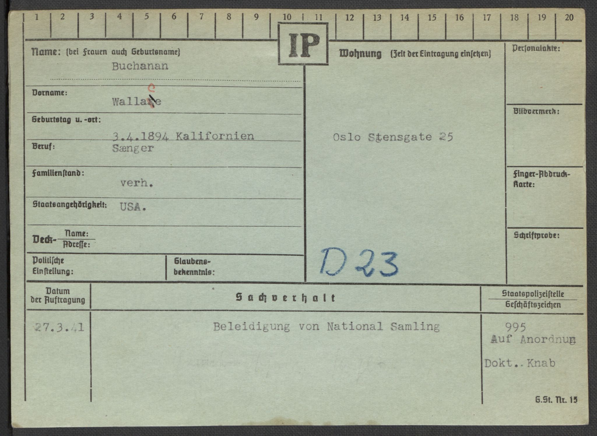 Befehlshaber der Sicherheitspolizei und des SD, RA/RAFA-5969/E/Ea/Eaa/L0002: Register over norske fanger i Møllergata 19: Bj-Eng, 1940-1945, p. 465
