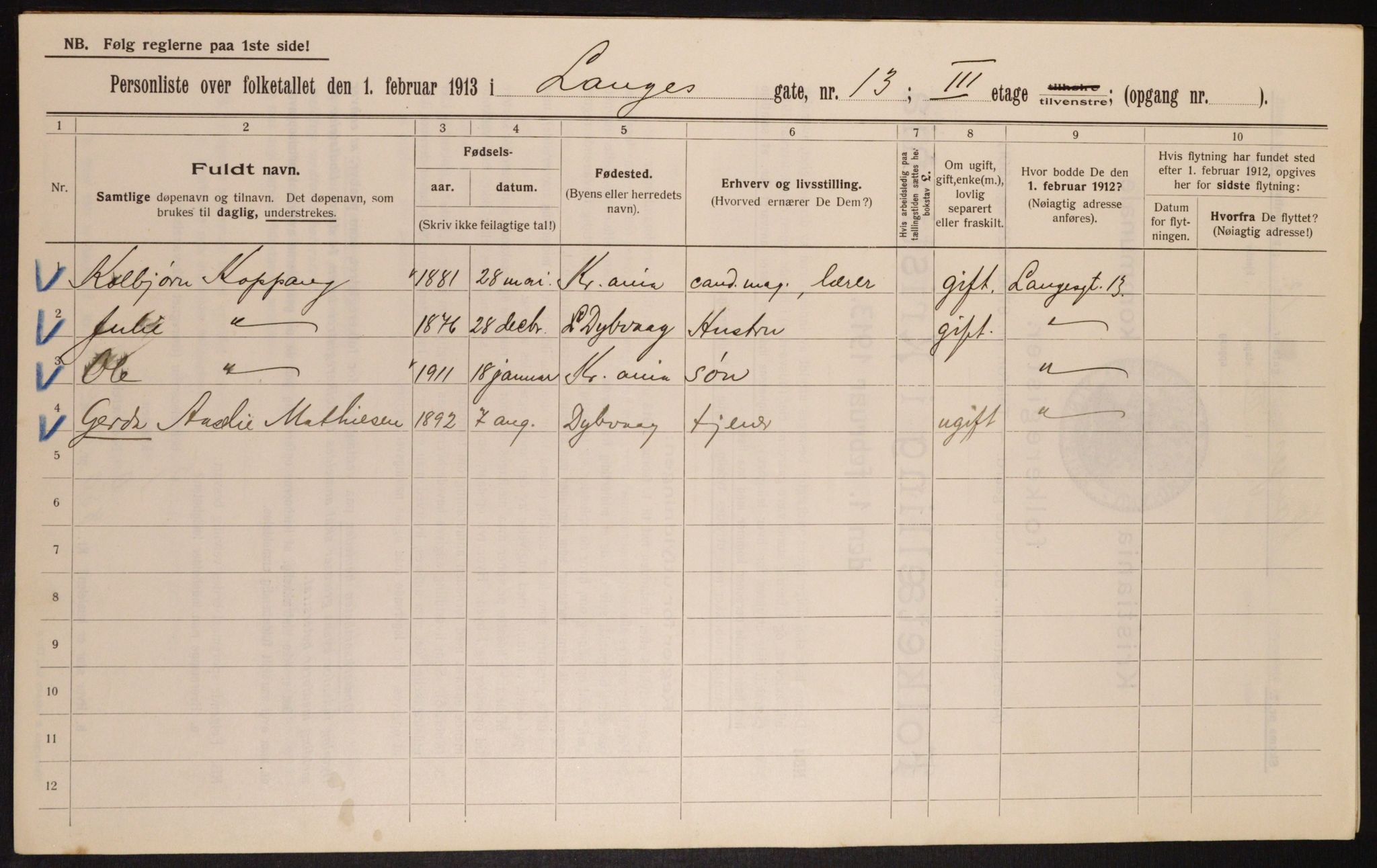 OBA, Municipal Census 1913 for Kristiania, 1913, p. 56150