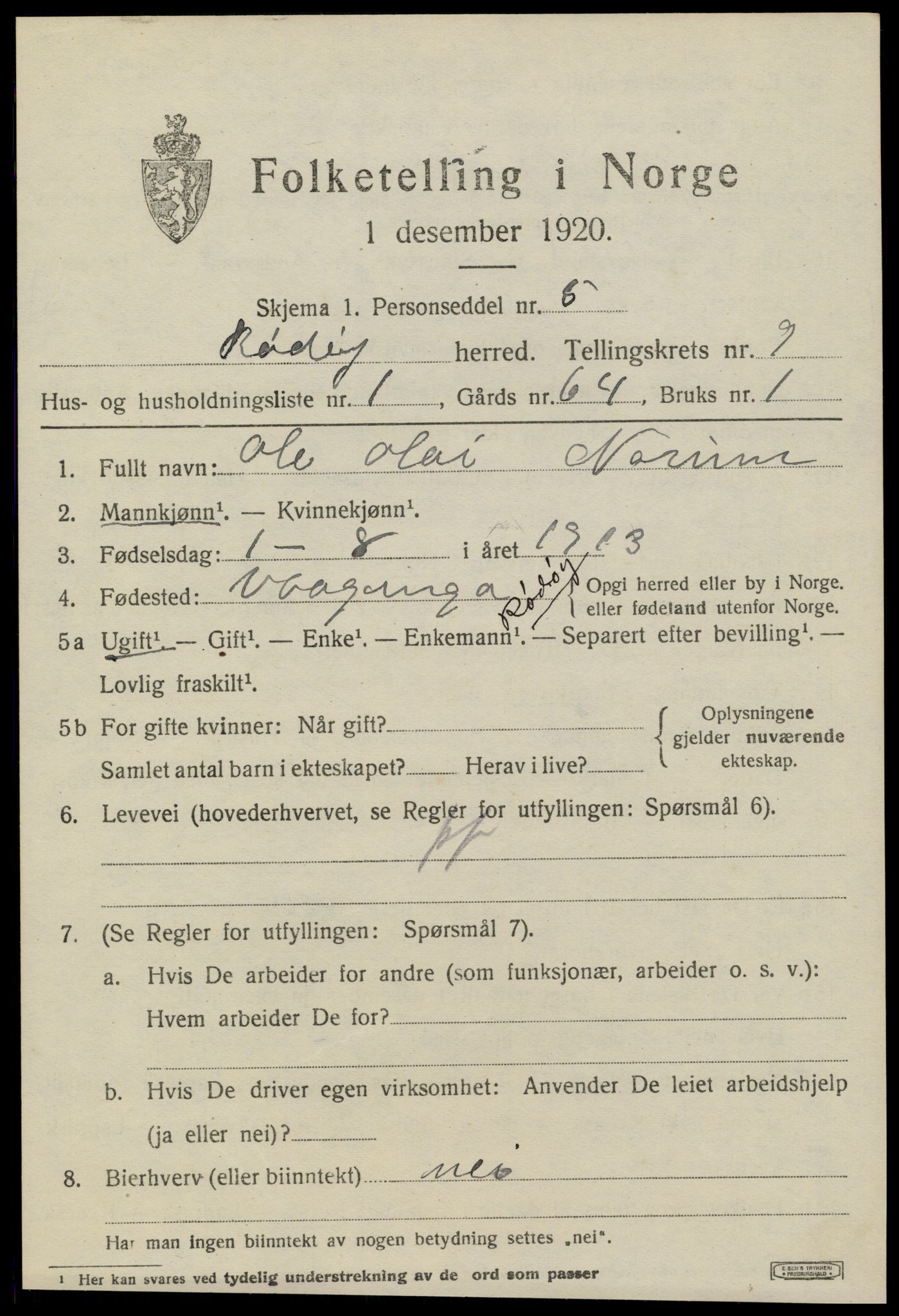 SAT, 1920 census for Rødøy, 1920, p. 5072