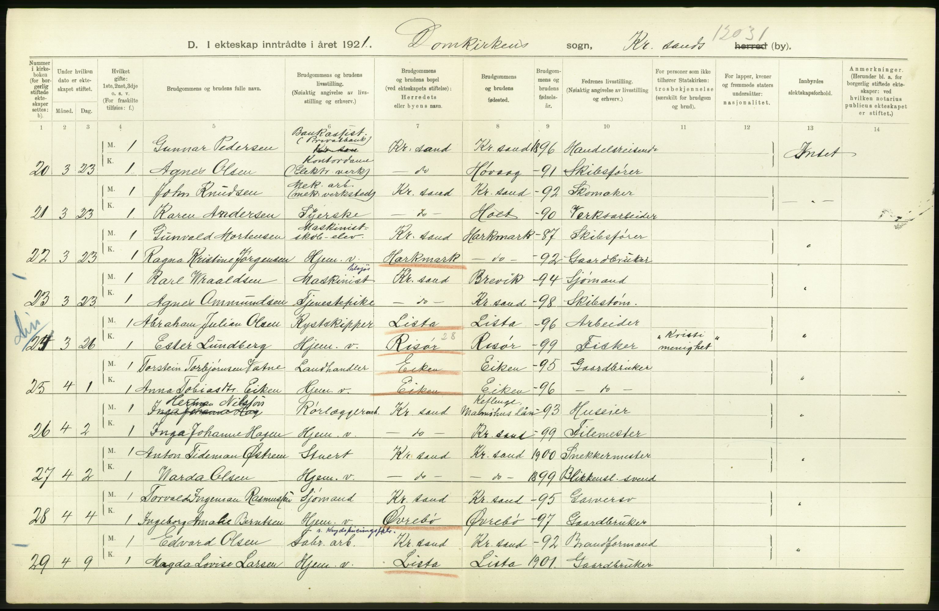 Statistisk sentralbyrå, Sosiodemografiske emner, Befolkning, AV/RA-S-2228/D/Df/Dfc/Dfca/L0026: Vest-Agder fylke: Levendefødte menn og kvinner. Bygder og byer., 1921, p. 584