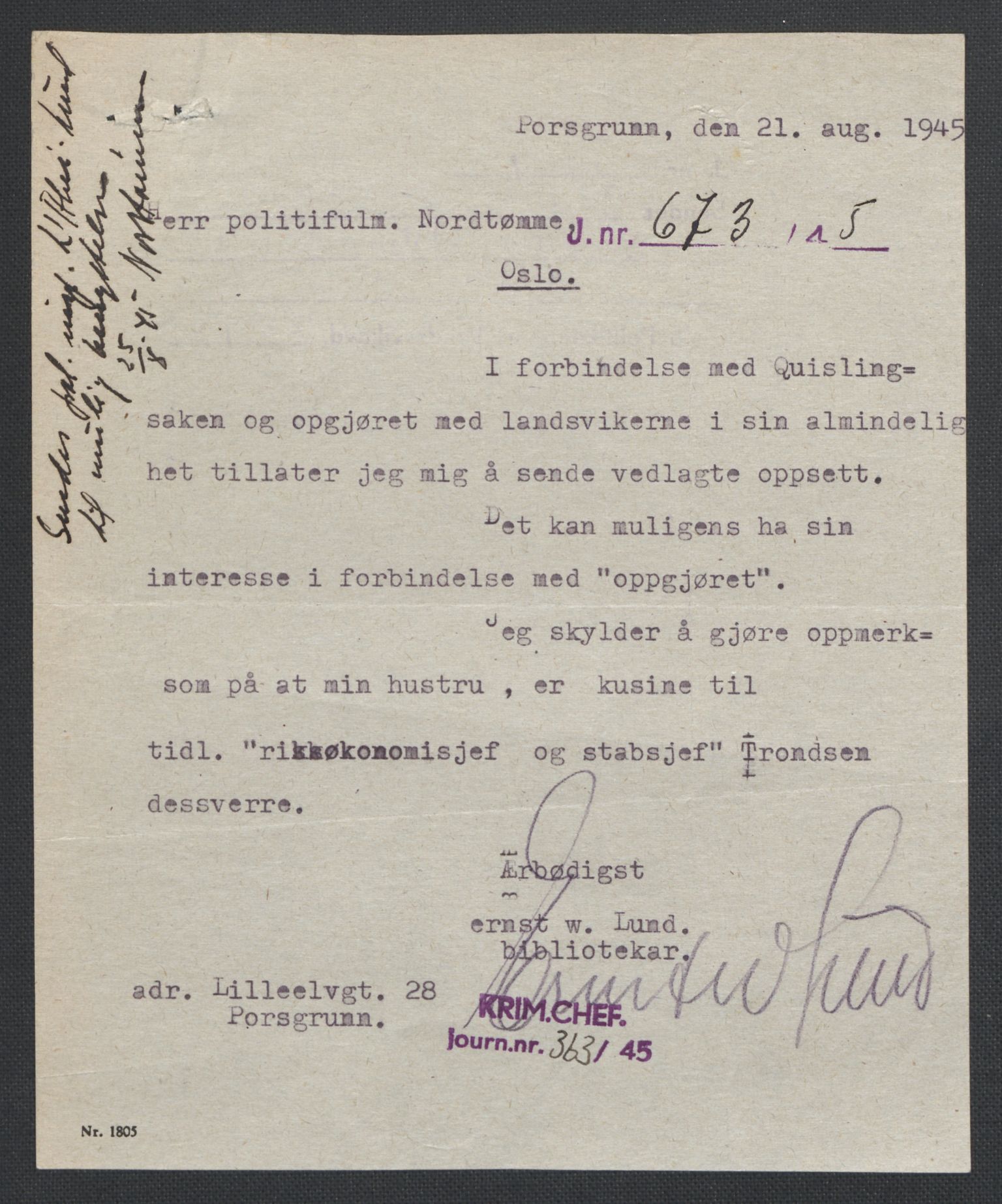 Landssvikarkivet, Oslo politikammer, AV/RA-S-3138-01/D/Da/L0003: Dnr. 29, 1945, p. 1586
