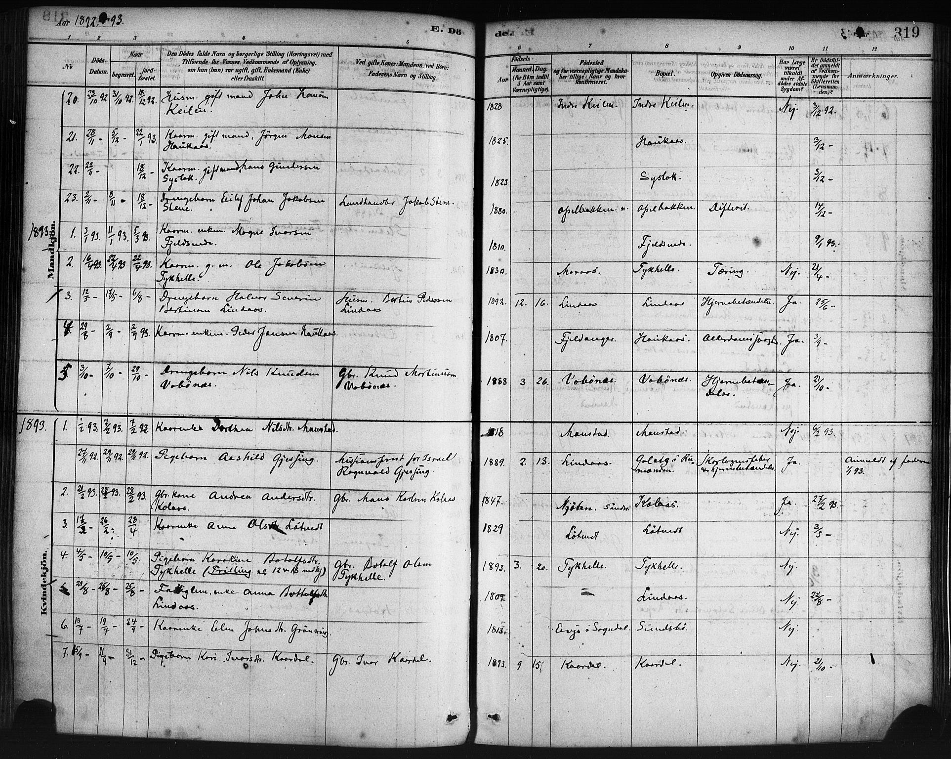 Lindås Sokneprestembete, AV/SAB-A-76701/H/Haa/Haaa/L0019: Parish register (official) no. A 19, 1878-1912, p. 319