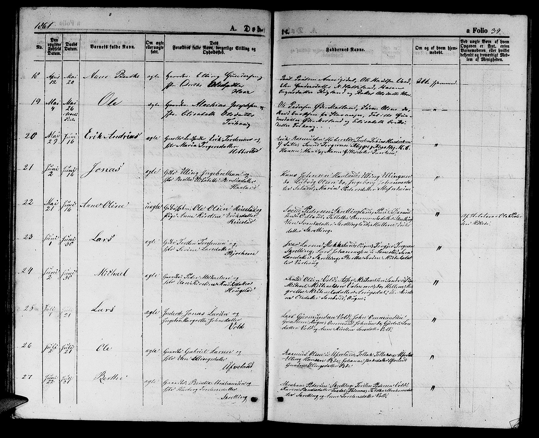 Hå sokneprestkontor, AV/SAST-A-101801/001/30BB/L0002: Parish register (copy) no. B 2, 1854-1883, p. 39