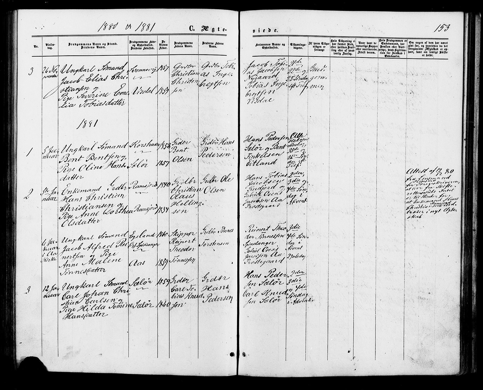 Lyngdal sokneprestkontor, AV/SAK-1111-0029/F/Fa/Faa/L0003: Parish register (official) no. A 3, 1871-1882, p. 153